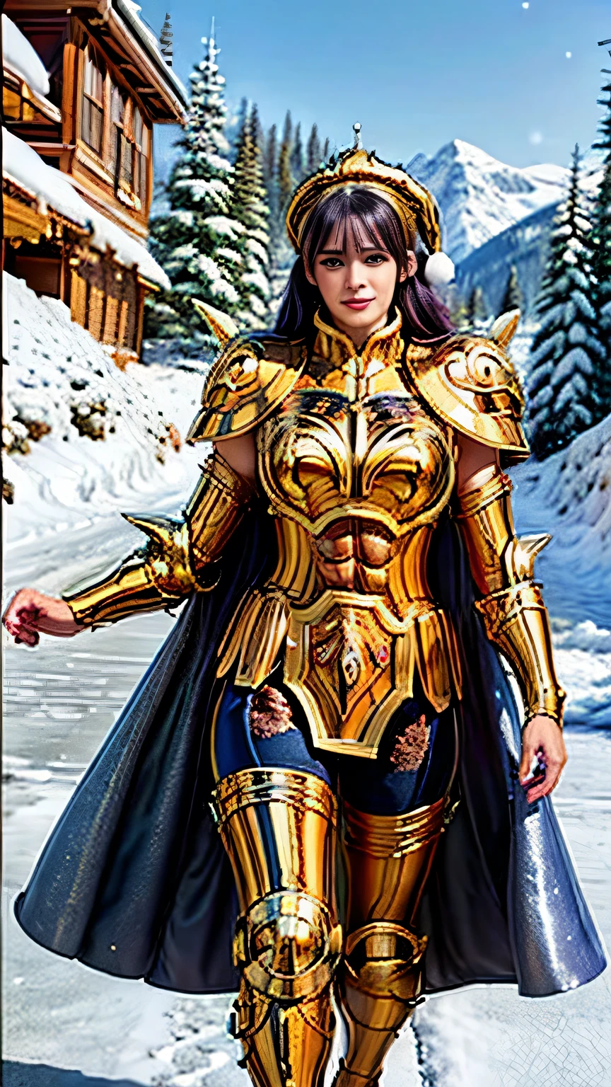 Ultra high saturation(masterpiece), Full body photo,(The best quality), (1 girl),White hair, realistic, (1 woman), hiper realistic, Wearing a shiny golden armorSexy lingerie type armor,expose your chest,Expose the waist,Exposing the thighs,Pose genial, Saint Seiya Armor,violet hair,High level of detail, anime style, cinematic lighting, Shine, Light of God, ray tracing, film grain, HD Hypertelevision, skin texture, Super detailed, Anatomically correct, A high resolution,yellow eyes, Ultra high saturation,high contrast,High gloss armor,Soft leather,An insidious smile,Mentir de manera realistic,(masterpiece,Upper Cuority,The best quality,official art,Beauty and aesthetics:1.2),He is very detail-oriented.,s fractal art,extremely colorful, breasts, big breasts, 8K, high resolution. ,mountain ,snow, snowy, winter,, horn Taurus saint gold, ((wearing red hat santa claus))