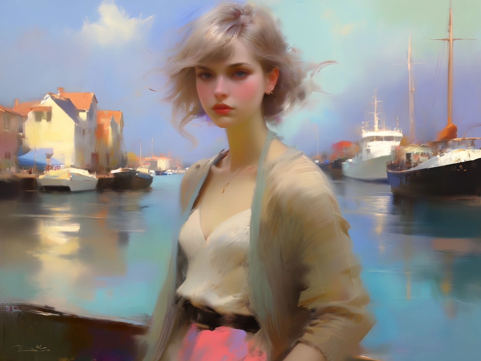 pastel landscape, a harbor , style oФ Casey Baugh, style oФ Pino Daeni, 