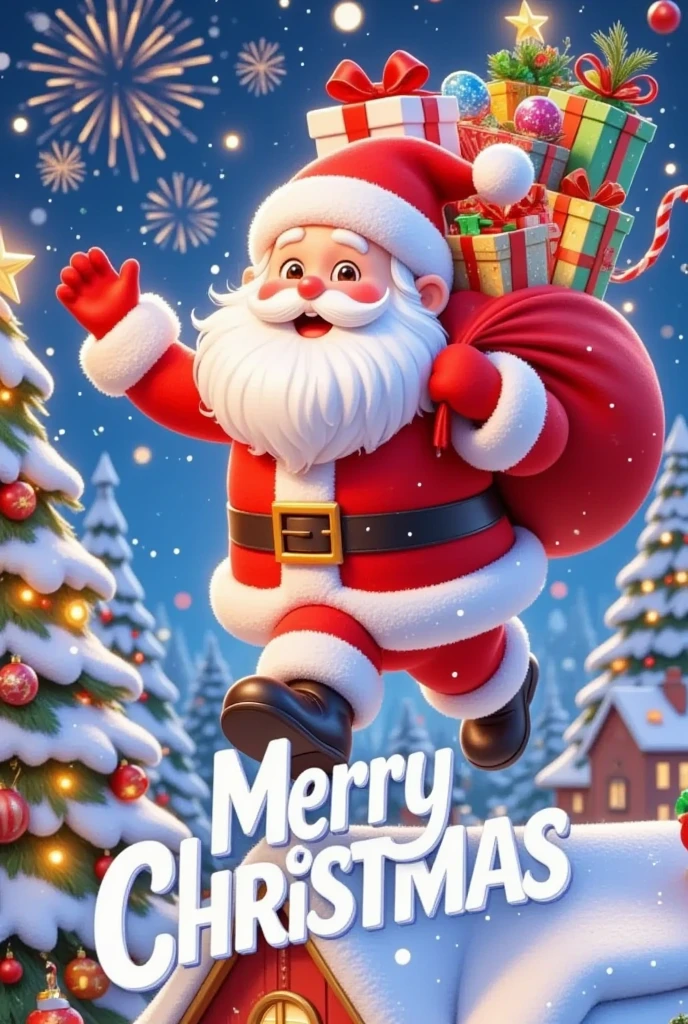 a happy santa claus in a candy cane, cute snowmen, colorful scarves, exaggerated expressions and poses, festive christmas atmosphere, snowy winter landscape, 8k, highly detailed, cinematic lighting, vibrant colors, warm color palette, photorealistic, digital art, christmas poster