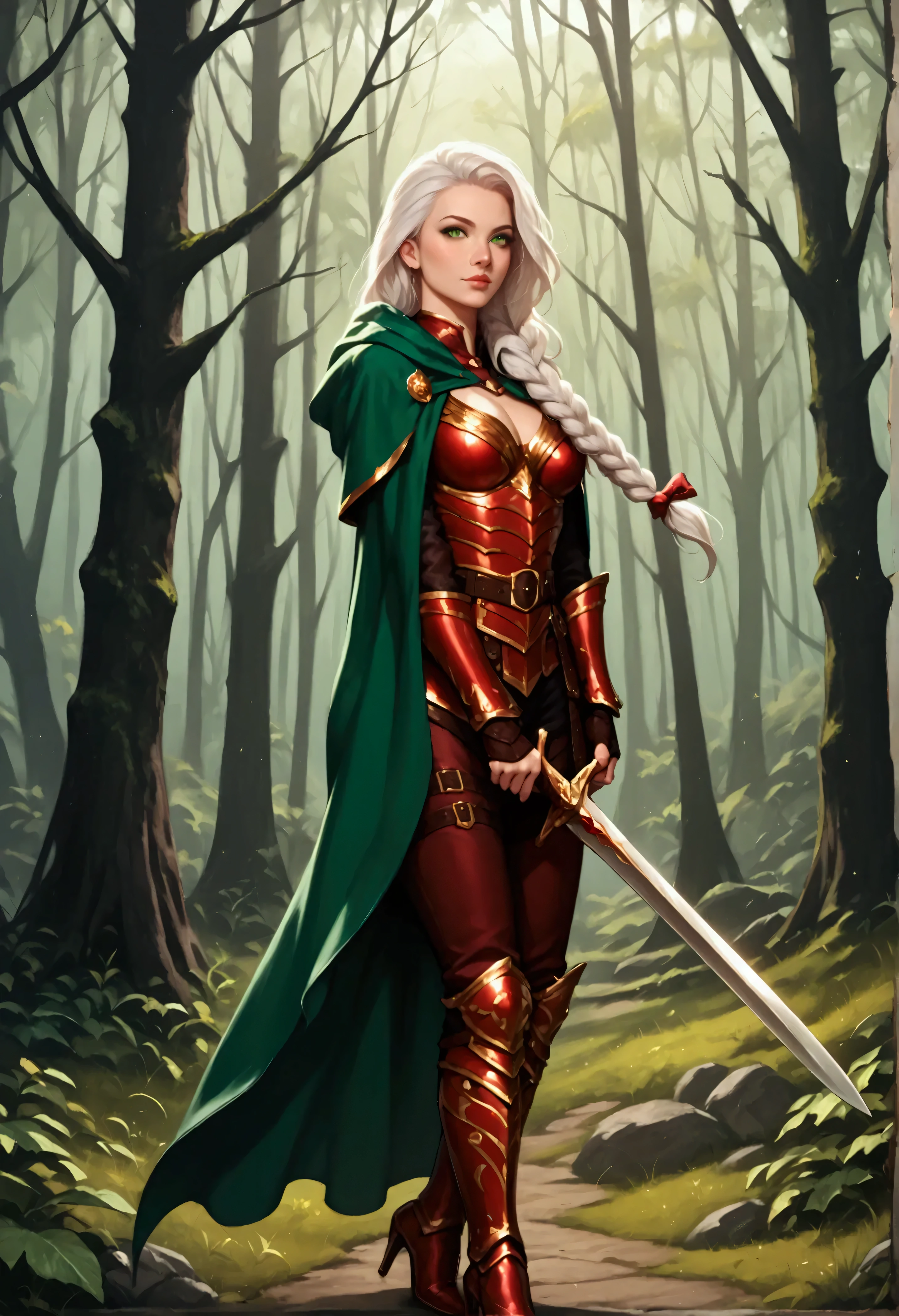 score_9, score_8_up, score_7_up, score_6_up, score_5_up, score_4_up, fantasy art, RPG art, Dark fantasy art, ultra wide shot, RAW, photorealistic, a portrait picture of female human ranger, the ranger, an exquisite beautiful human woman, long white hair, braided hair, green eyes, wearing (red leather armor: 1.2), wearing (green cloak: 1.1), armed with a (sword: 1.3), wearing high heels boots, standing in a dark forest at night, (wrapped presents on the ground: 1.3), a sense of joy, yet she stands defiant and fearless, dark fantasy forest background, best quality, 16k, [ultra detailed], masterpiece, best quality, (ultra detailed), full body, ultra wide shot, Cinematic Shot