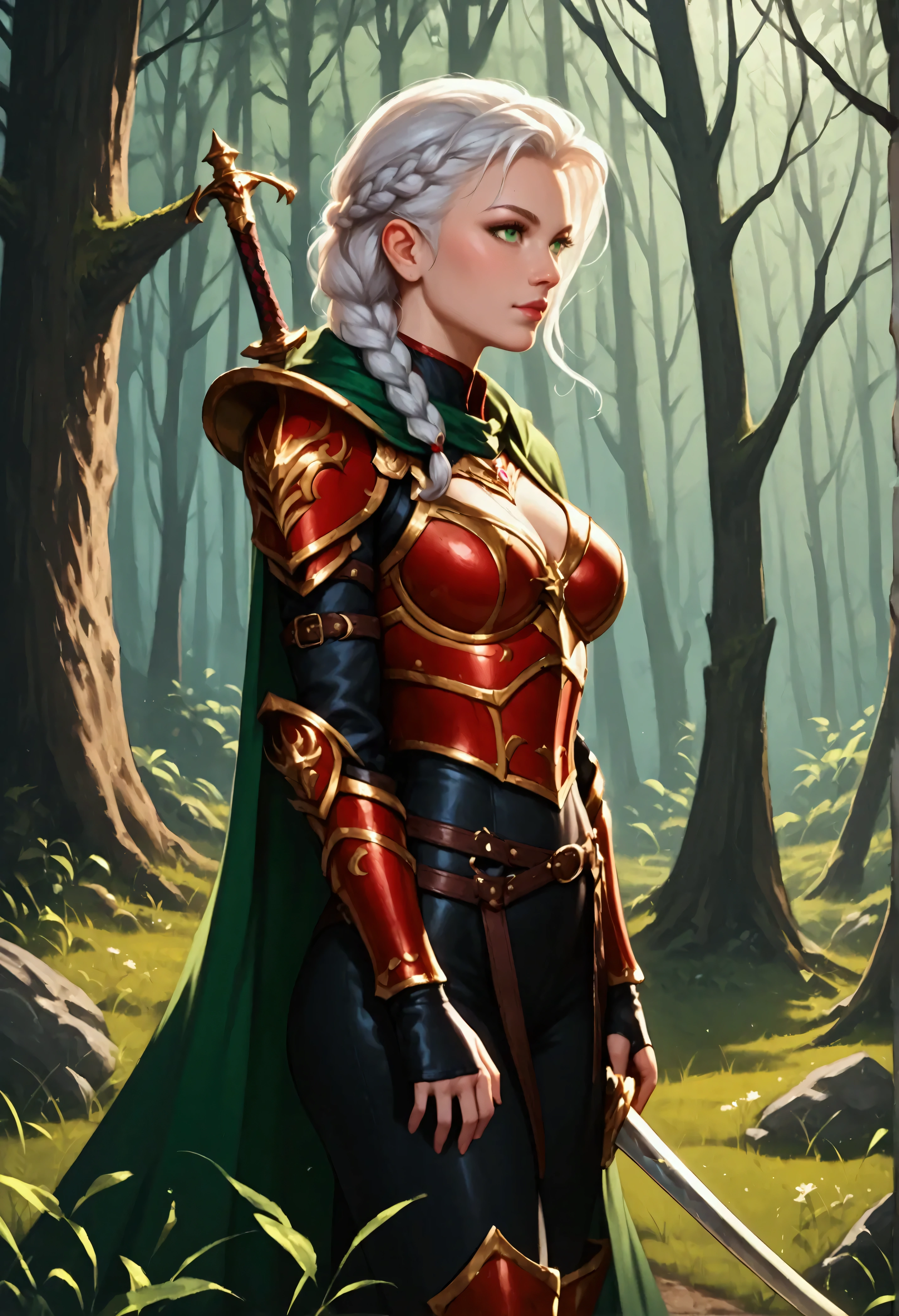 score_9, score_8_up, score_7_up, score_6_up, score_5_up, score_4_up, fantasy art, RPG art, Dark fantasy art, ultra wide shot, RAW, photorealistic, a portrait picture of female human ranger, the ranger, an exquisite beautiful human woman, long white hair, braided hair, green eyes, wearing (red leather armor: 1.2), wearing (green cloak: 1.1), armed with a (sword: 1.3), wearing high heels boots, standing in a dark forest at night, (wrapped presents on the ground: 1.3), a sense of joy, yet she stands defiant and fearless, dark fantasy forest background, best quality, 16k, [ultra detailed], masterpiece, best quality, (ultra detailed), full body, ultra wide shot, Cinematic Shot