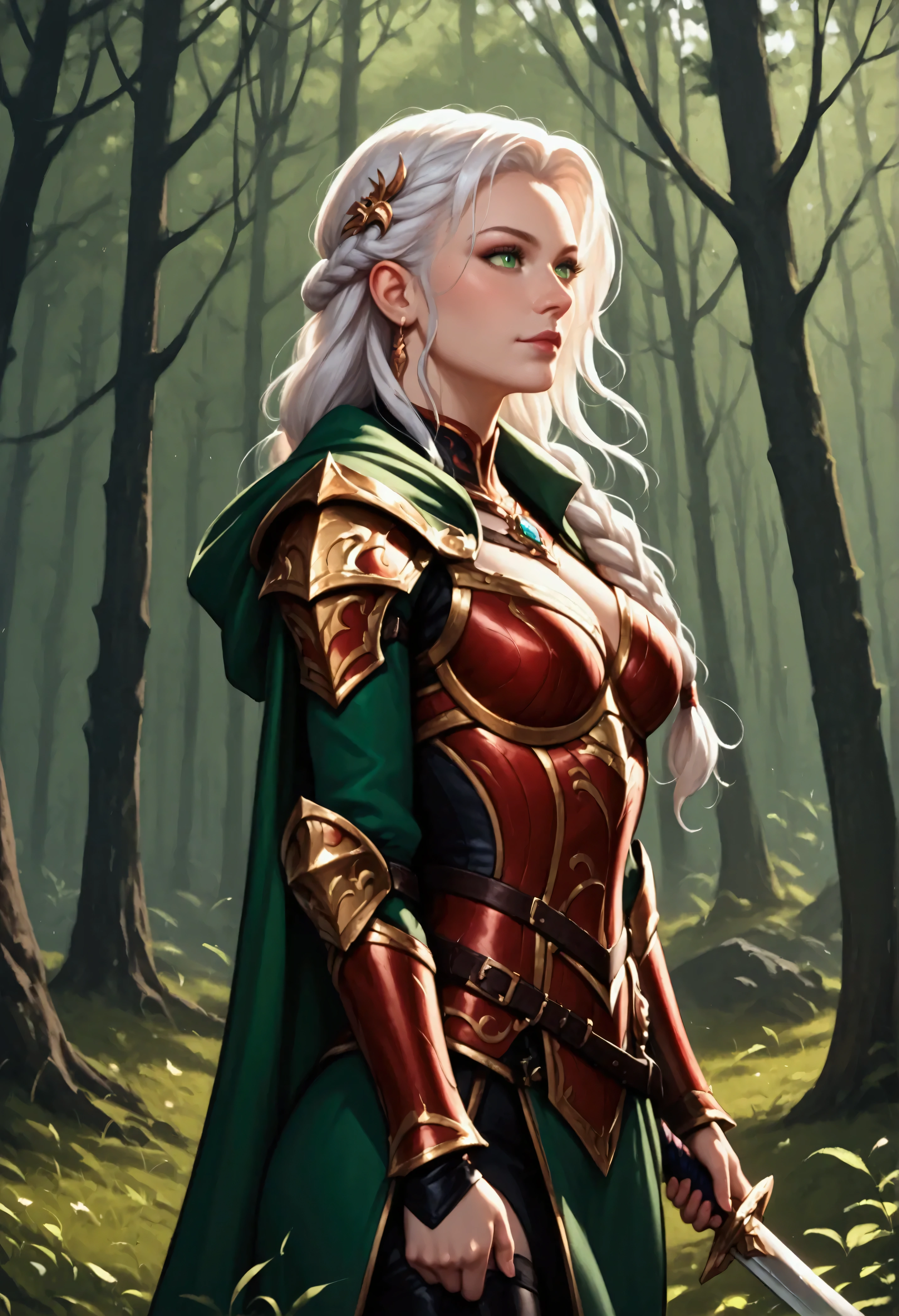 score_9, score_8_up, score_7_up, score_6_up, score_5_up, score_4_up, fantasy art, RPG art, Dark fantasy art, ultra wide shot, RAW, photorealistic, a portrait picture of female human ranger, the ranger, an exquisite beautiful human woman, long white hair, braided hair, green eyes, wearing (red leather armor: 1.2), wearing (green cloak: 1.1), armed with a (sword: 1.3), wearing high heels boots, standing in a dark forest at night, (wrapped presents on the ground: 1.3), a sense of joy, yet she stands defiant and fearless, dark fantasy forest background, best quality, 16k, [ultra detailed], masterpiece, best quality, (ultra detailed), full body, ultra wide shot, Cinematic Shot