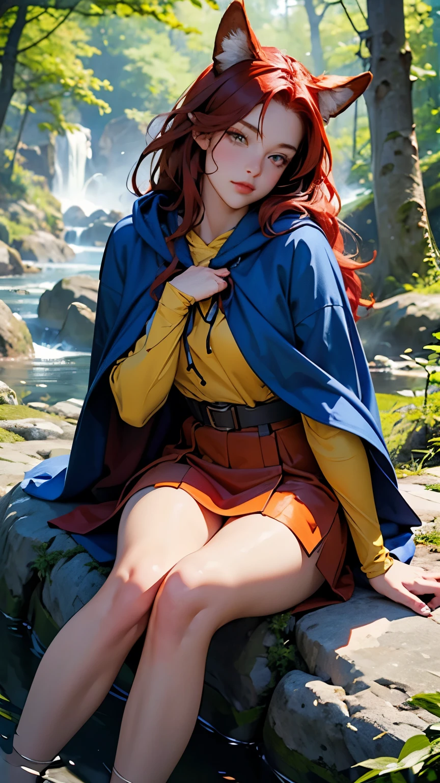 8k,  top quality, ( Photorealistic:1.4),  RAW photos ,  1 girl , Red Hair,  animal ears , Blue Hooded Cape,  beautiful face with a golden ratio ,  pose:  sitting on a rock in a forest river, yellow eyes,  -