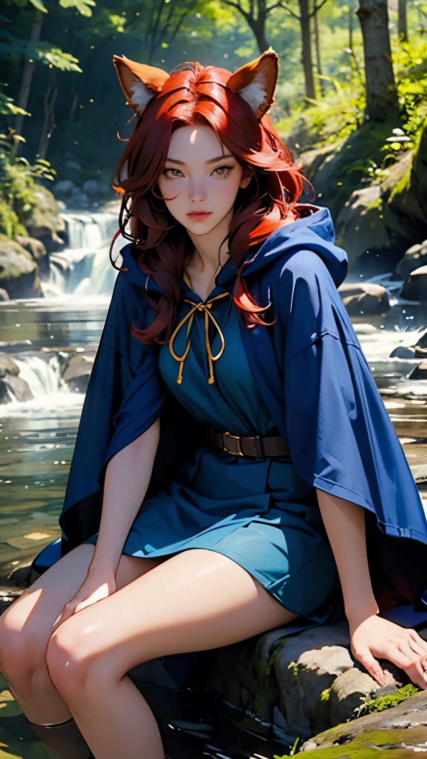 8k,  top quality, ( Photorealistic:1.4),  RAW photos ,  1 girl , Red Hair,  animal ears , Blue Hooded Cape,  beautiful face with a golden ratio ,  pose:  sitting on a rock in a forest river, yellow eyes,  -