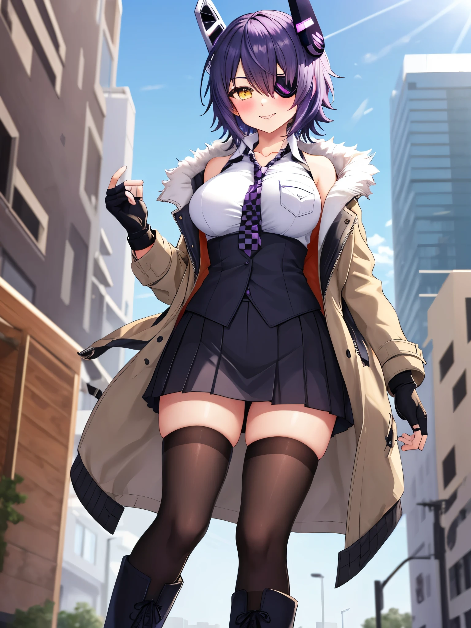 best quality, masterpiece, solo, {tenryuu_kantaicollection:1.15}, teen_girl, eyepatch, short_hair, purple_hair, yellow_eyes, headgear, breasts, necktie, large_breasts, smile, 1girl, blush, checkered_necktie, hair_over_one_eye, shirt, collared_shirt, white_shirt, jacket, sleeveless, brown_eyes, fur-trimmed_jacket, fur_trim, collarbone, looking_at_viewer, pocket, breast_pocket, ,, messy_hair, black_gloves, gloves, partially_fingerless_gloves,harbor_road_landscape_background,outdoor,short_skirt,thigh-highs,boots,sunlight,from_below