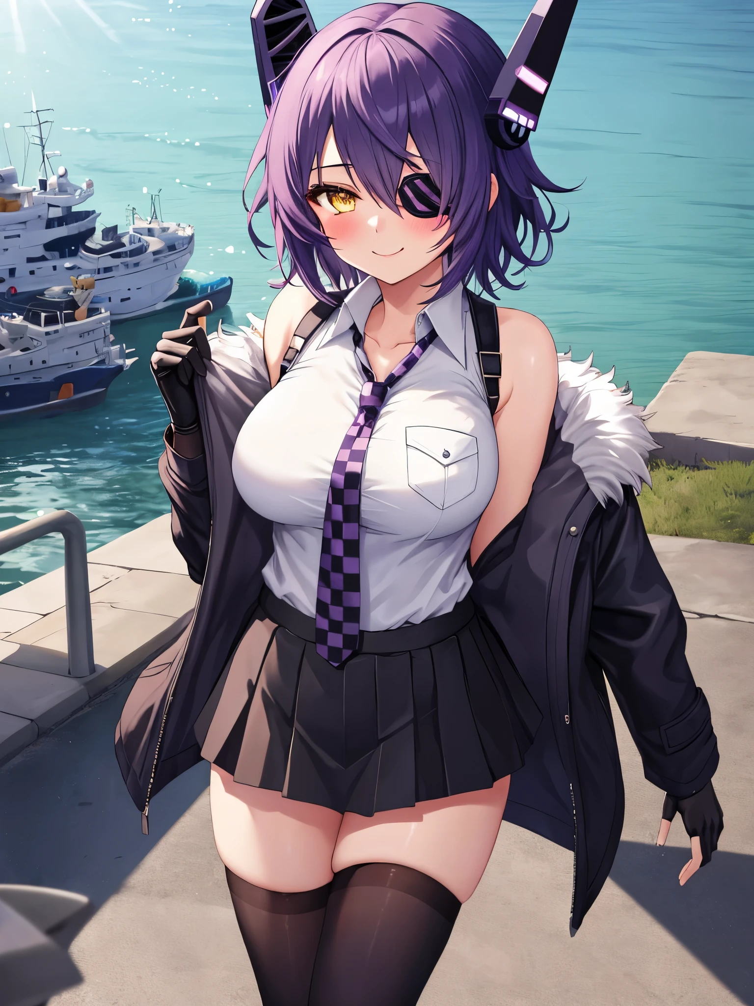 best quality, masterpiece, solo, {tenryuu_kantaicollection:1.15}, teen_girl, eyepatch, short_hair, purple_hair, yellow_eyes, headgear, breasts, necktie, large_breasts, smile, 1girl, blush, checkered_necktie, hair_over_one_eye, shirt, collared_shirt, white_shirt, jacket, sleeveless, brown_eyes, fur-trimmed_jacket, fur_trim, collarbone, looking_at_viewer, pocket, breast_pocket, ,, messy_hair, black_gloves, gloves, partially_fingerless_gloves,harbor_road_landscape_background,outdoor,short_skirt,thigh-highs,boots,sunlight,from_below