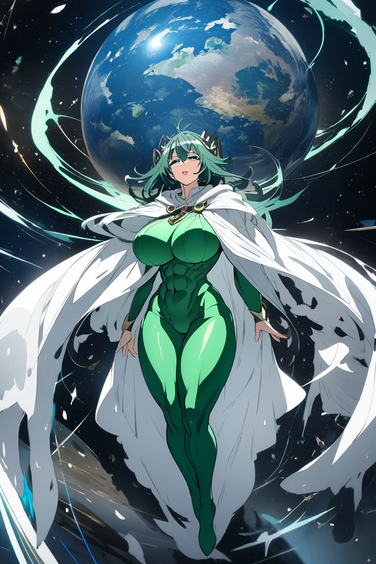 Fubuki flying is space,tight green bikini,sexy,huge tits,detailled abs,white cape,full body shot,planet background 