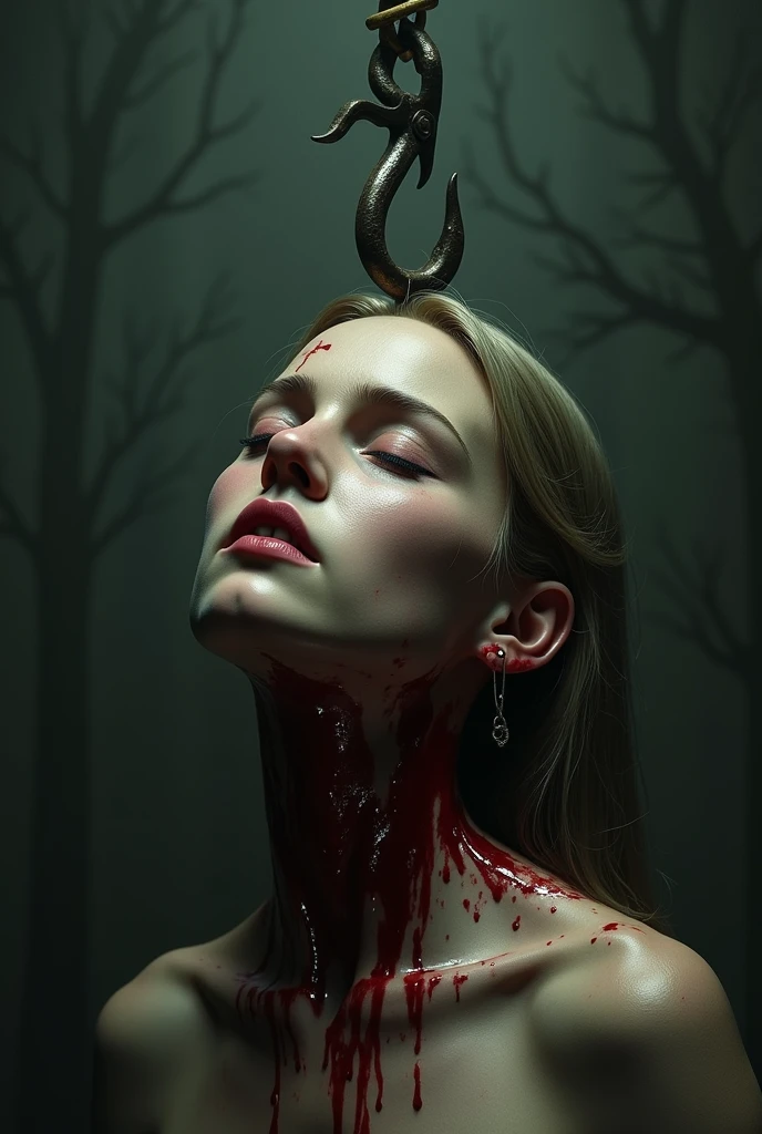 "(Best lighting, high contrast, dark, dramatic), (Blonde topless girl with her hair hanging on a clothesline hanger with scary and dramatic face expression, Open ribcage, fetus, autopsy, human bones, blood on the wall). Light Caravaggio"