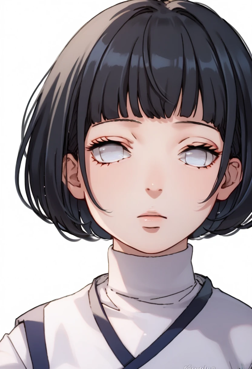 1girl, black long vest, white sleeves, blue eyes, white pants, ikemoto style, Hinata Hyuga, black hair,bob cut, hair bangs, white eyes, black and white, perfect face, perfect body, perfect face shape, perfect mouth, perfect hair, perfect eyes, expressive eyes, perfect nose, perfect face, perfect eyes, perfect waist, perfect hair, 