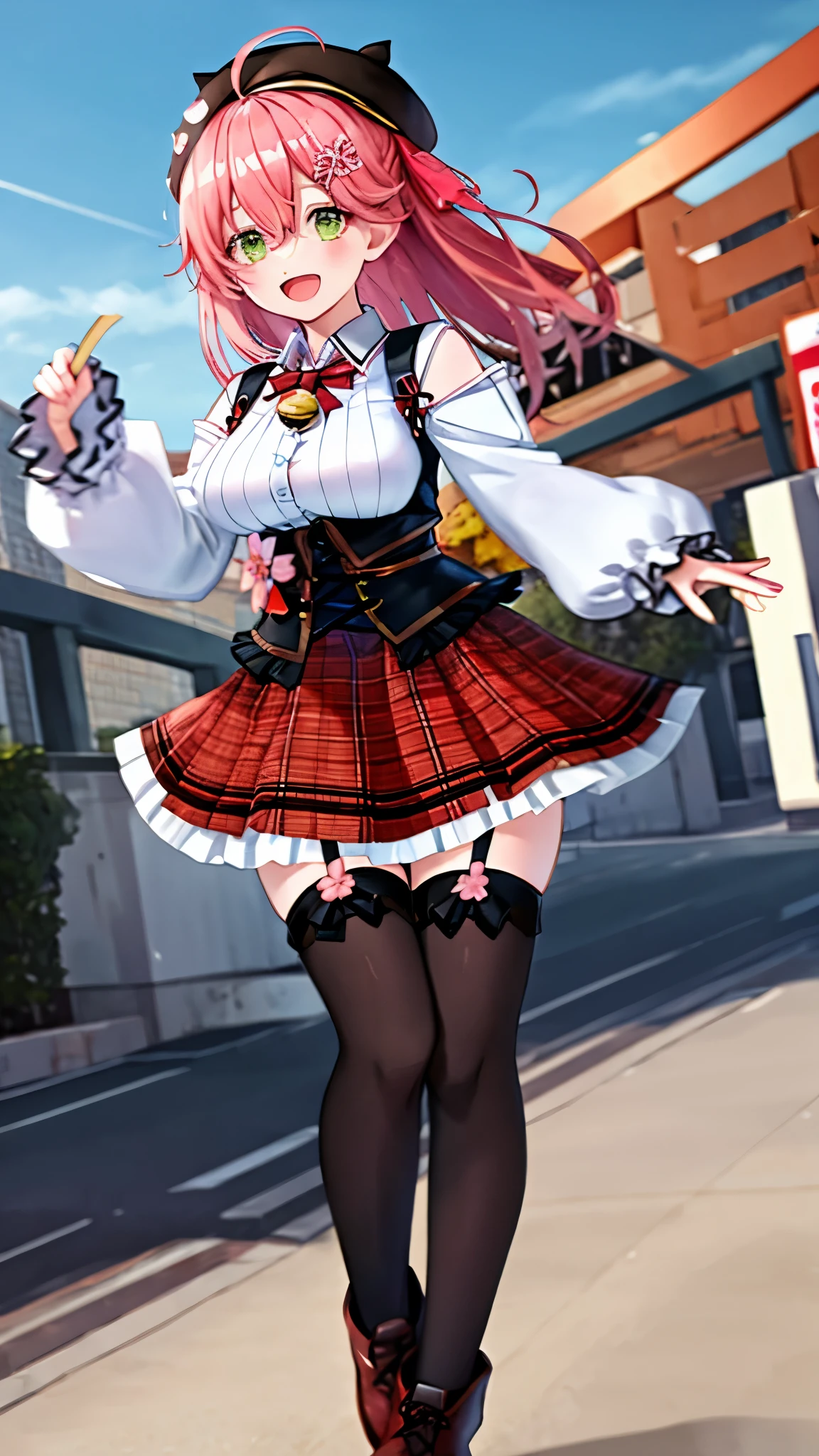 masutepiece, Best_Quality, hight_resolution, miko2,Ponytail, 1girl, Ahoge, black headwear, Hair Ornament, White shirt, black thighhighs, Pink hair, Red_skirt, very_short_skirt, plaid skirts, garter_strap, Collared shirt, hair clips, frilld, Bangs, hair between eye, frills skirt, beret, Pleated skirt, Hair Flower, Neck bell, , puffy long sleeves, Black bow, Underbust, Smile, large_breasts,covered_nipples, green_eyes, happy, dynamic_angle,apart_legs,(big_smile:1.2),plump,open_mouth,shout,half_eyes,cherryblossom_park_landscape_background,