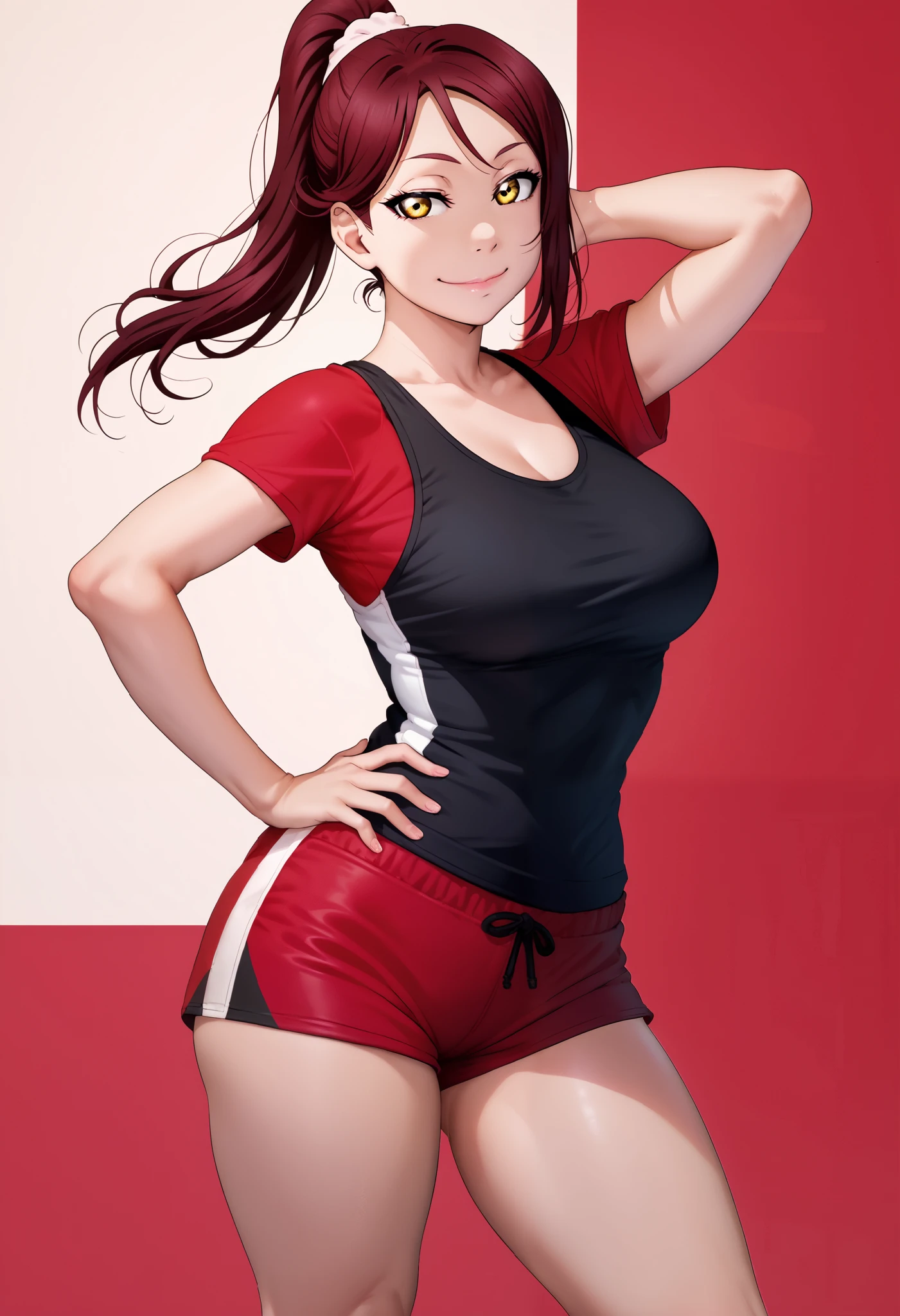 masterpiece, best quality,realistic anime art, solo, wearing sports clothes,large breasts ,dark red hair ,short sleeves, thighs,yellow eyes , sakurauchi riko love live , standing , looking at viewer,(lipstick:0.7),closed mouth, ponytail,half closed eyes , smile,layerd shorts,layerd tank top, right hand on hip, left hand up behind head,RUKIA Style