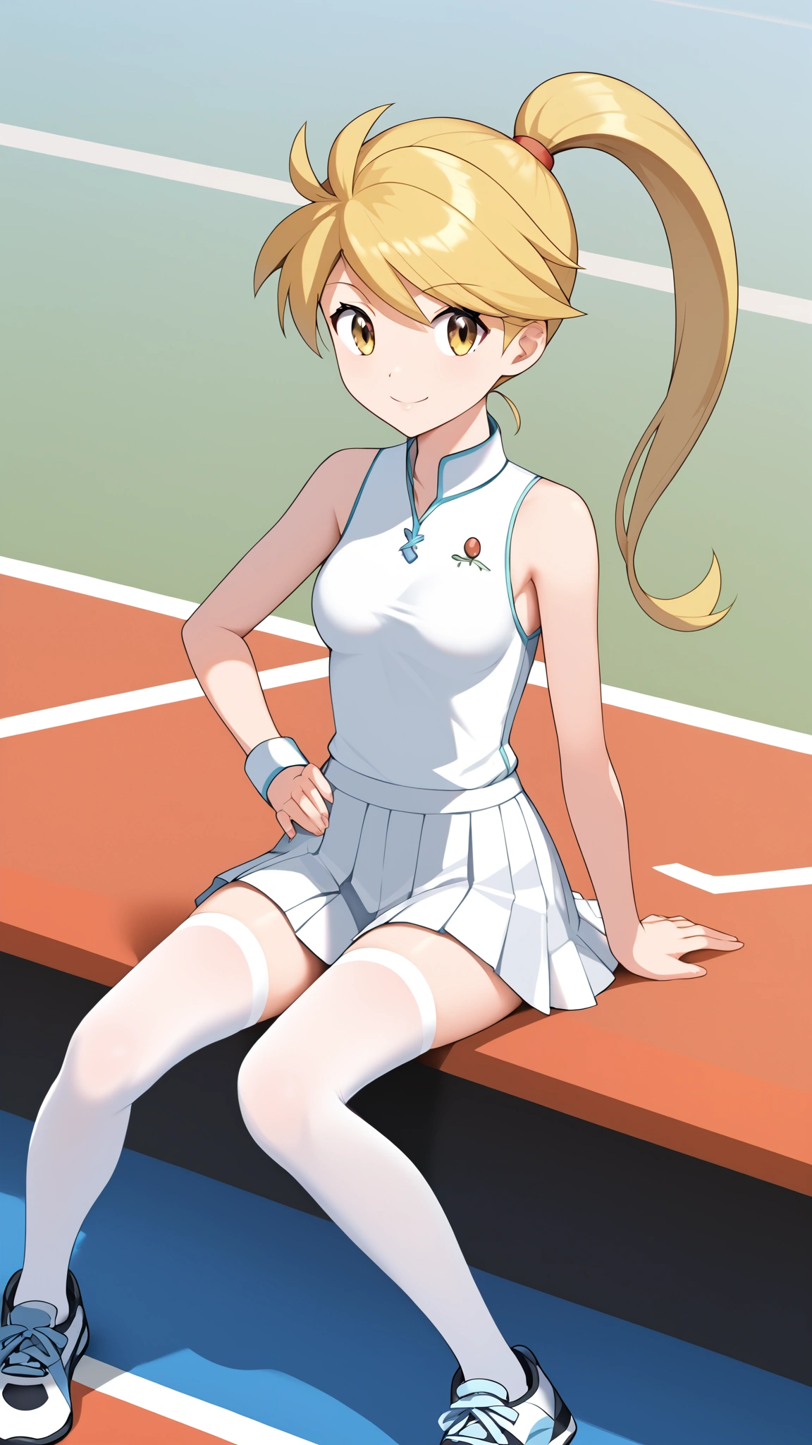  Golden Hair ,  ponytail,  long hair, Yellow Eyes, White tennis wear,  white pleated mini skirt,  white knee-high stockings reflective on glass floors,  absolute domain, white lace up shoes , Ample breasts,  Tall,  viewers of the pin, 1 Female, ******,  standing with different breasts , whole body, Place one hand on hip,  ANIME COLORING BOOK,  slim figure,  sexy smile,  Seductive Smile,  score_9,  score_8_Excellent,  score_7_Excellent,  score_6_Excellent,  top quality,  source_Anime,  cell shading ,  Flat Color , vector,  detailed background,  tennis court in white,  break 1 girl sitting, (\ Pokémon\), Outdoor, Two legs,