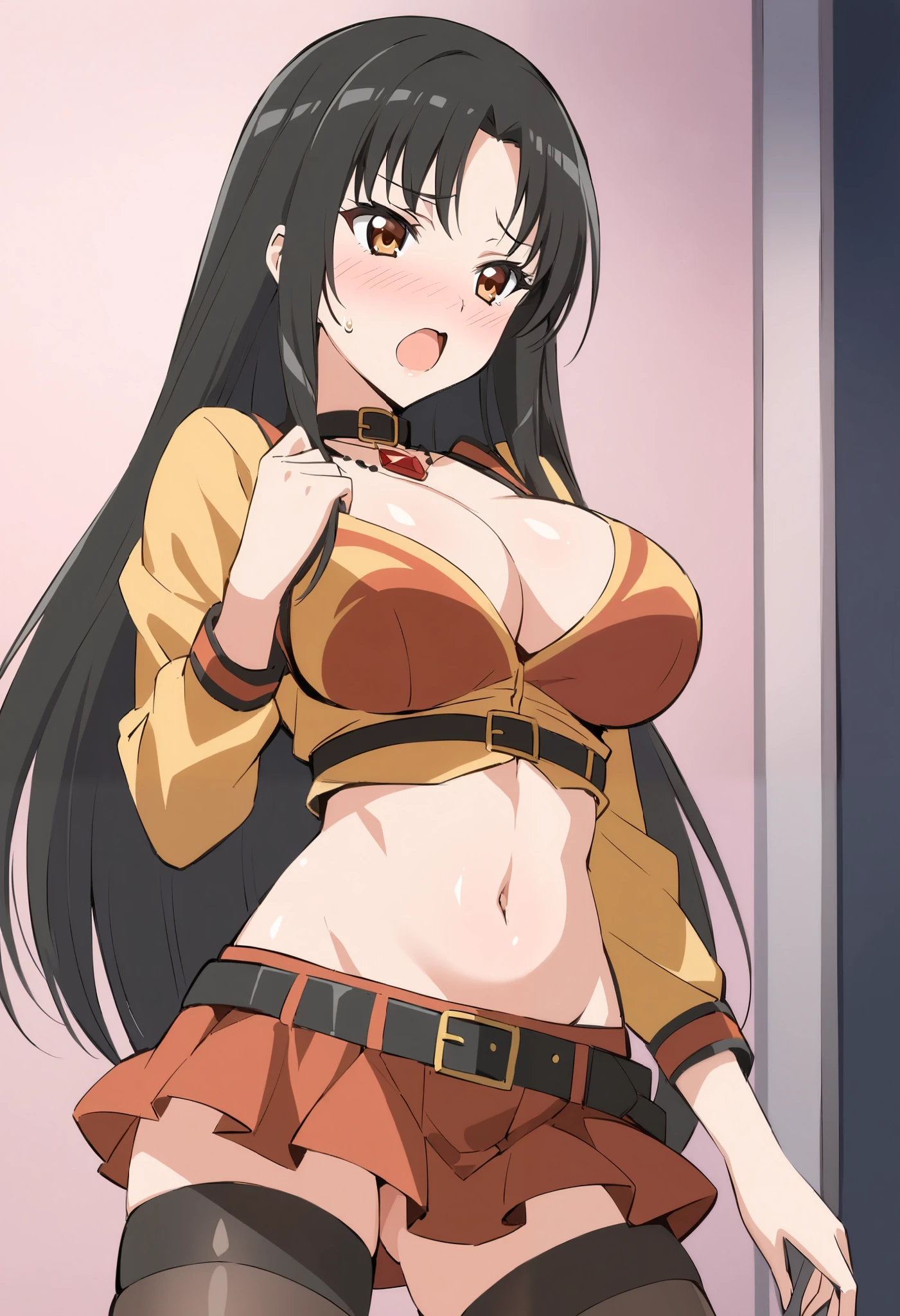 Kuroha Mitsu  \( crimson girls\),  1 girl, Alone,  long hair, breasts, blush,  open your mouth, skirt, large breasts,  black hair, thighhighs, belly button, neckline, brown eyes, jewelry, midriff,  belt,  tall black tights, miniskirt, collar,  forbidden zone , sweater