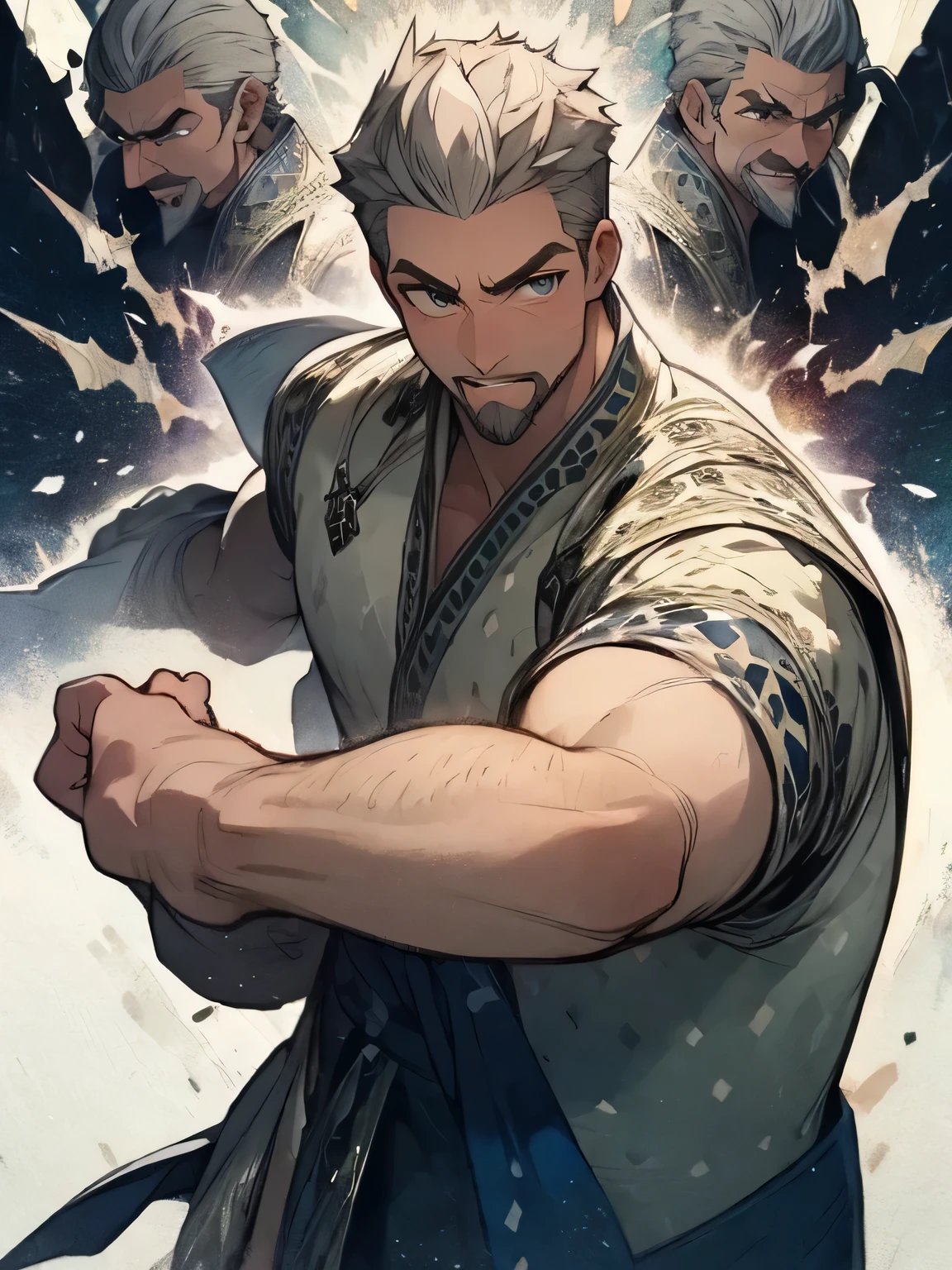 score_9, score_8_up, score_7_up, source_anime, source_explicit
kingmagnifico, 1boy, solo, gray hair, facial hair, male focus,male's eyes,male's nose,male's mouth, beard, full body, muscular, upper body, shirtless, fighting stance,muscular, smile ,like a painting, watercolor painting style, The Art of Mathematics, Official Art, Masterpiece, beautiful, ((watercolor)), paint splashes , complex details. very detailed, [Drooping:0.7],