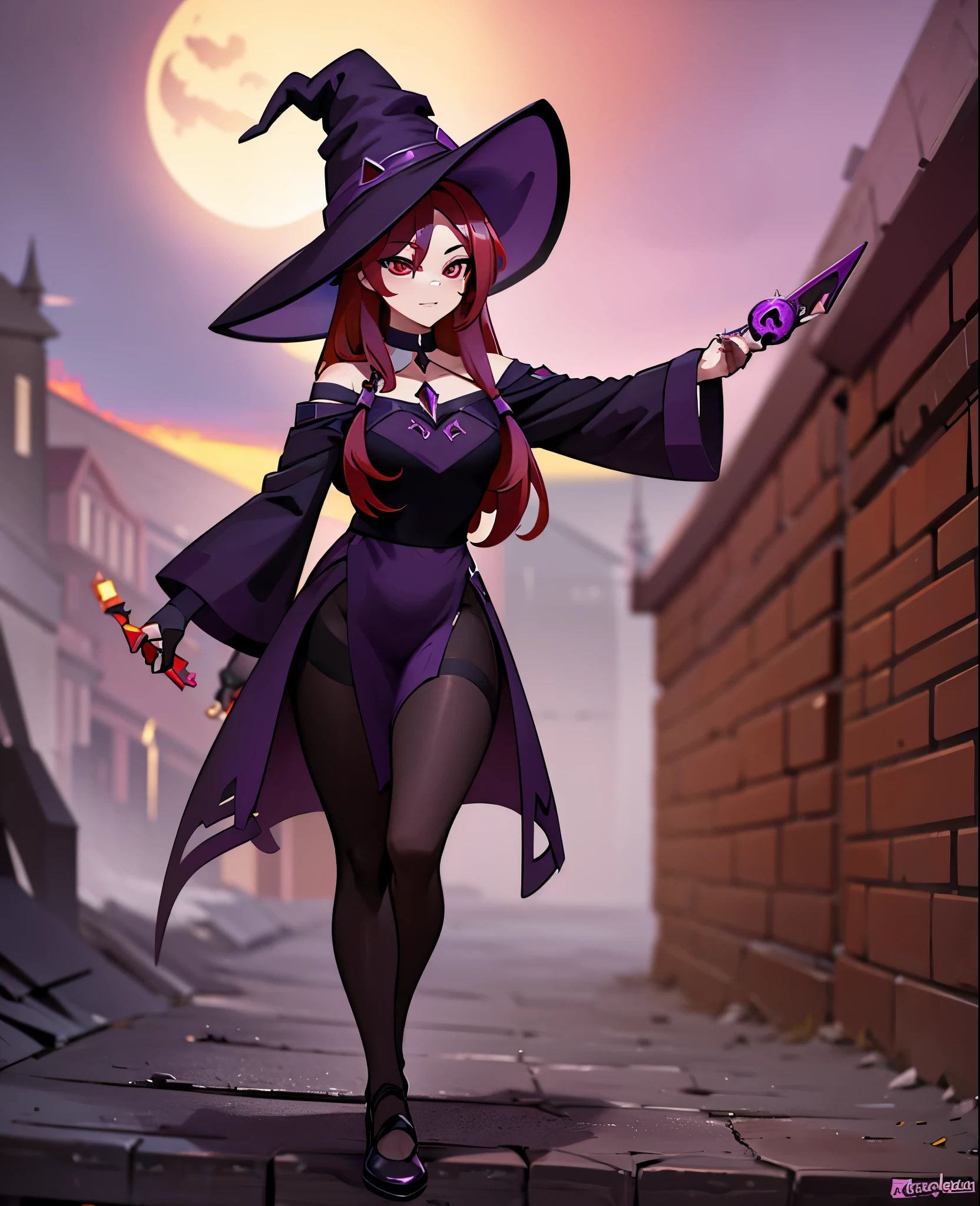 Chica hermosa de  red hair, with red eyes,  with dark purple witch hat, purple witch clothing , walking pose,  red hair