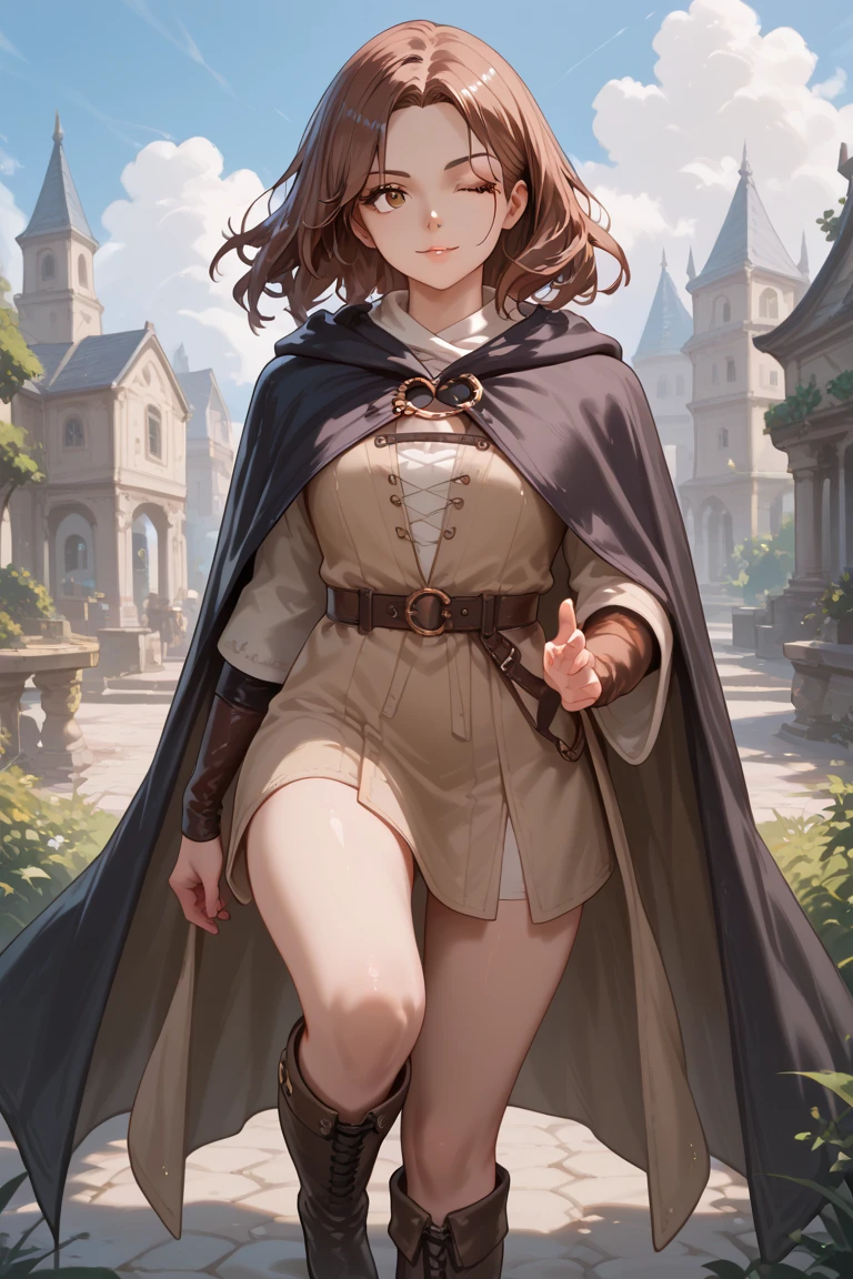 1 girl, medium hair, brown hair, one eye closed, robe, cloak, knee high leather boots
