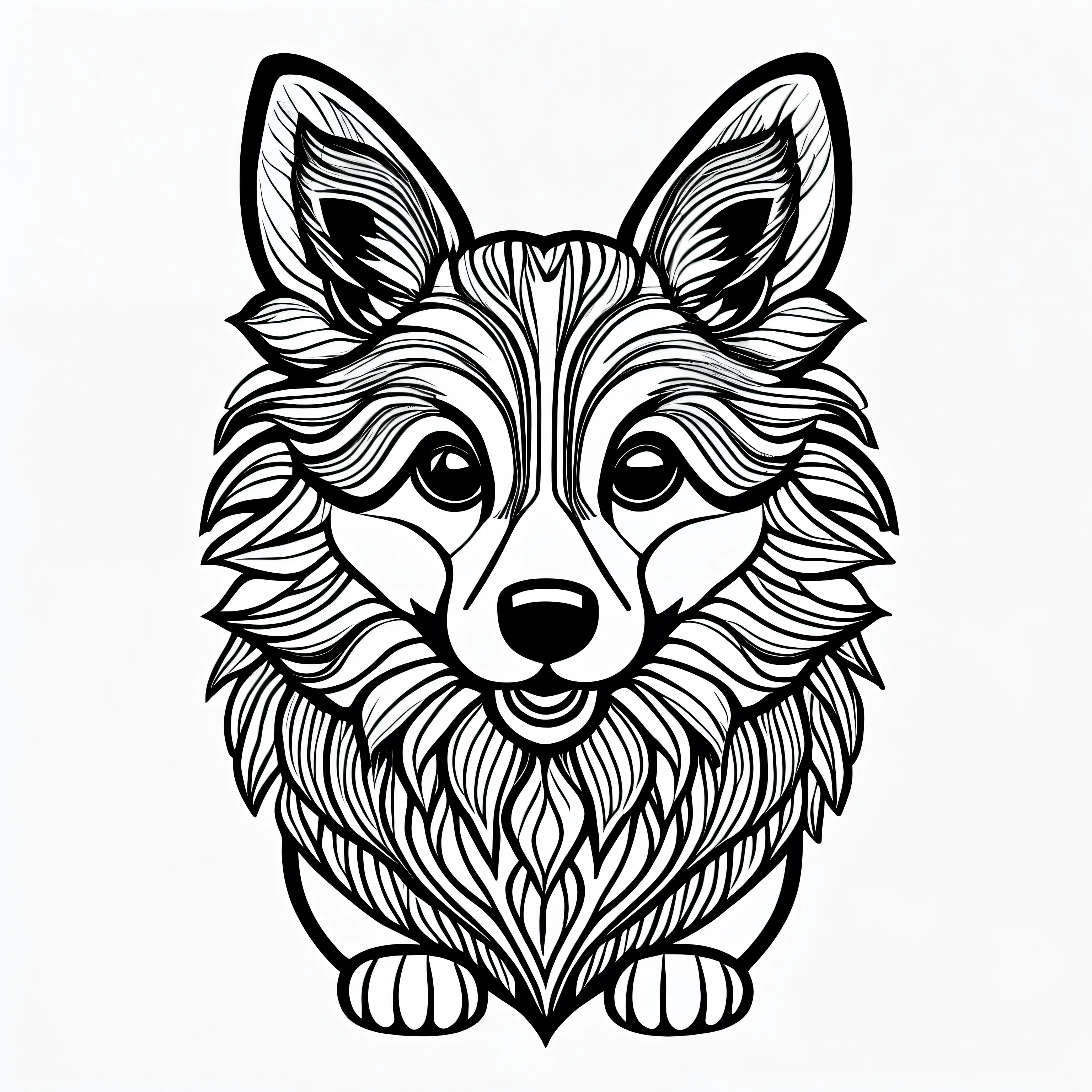 coloring page for adults. [Corgi] head with mandala pattern, in the style of thick lines. low details. no shading