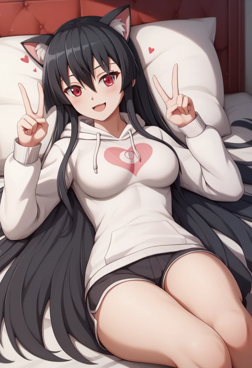 master piece ,best quality,lying on the bed, ((wearing white hoodie)), ((cat ears)), ((heart sign)), ((ultra-definition, high resolution)), anime girl, ((ultra-detailed illust:1.2)),1girl, solo,akame, long hair, black hair, red eyes, hair between eyes, Medium breasts, thighs, Big smile, opened mouth, in the bedroom