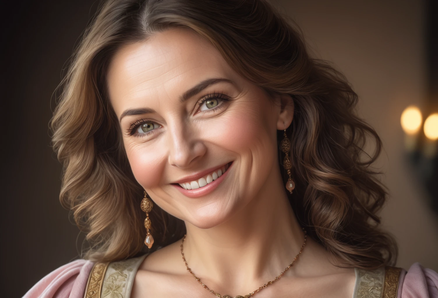 a portrait photograph of a pretty mid-age female, beautiful realistic photo, Look at 4K highly detailed art,  smiles,  blush,  Big Breasts , look up, Medieval European Commoner Women