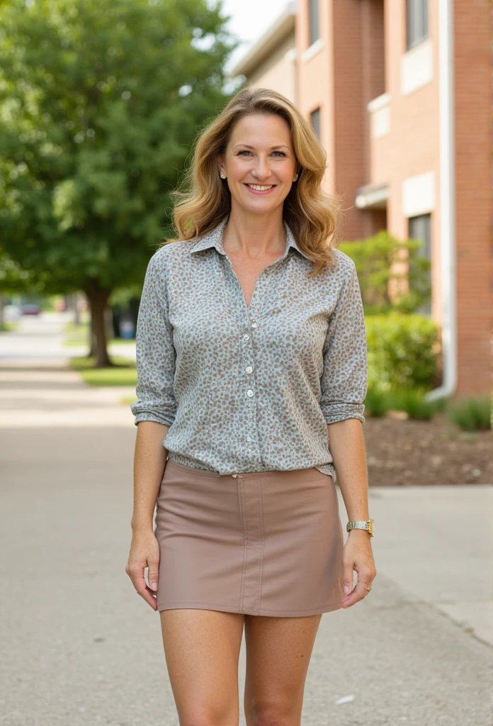 Cute mom, late 30s. Bright day, lots of sunlight. No makeup. Busty. Outside a school. Elegantly and conservatively dressed. Short skirt. Great legs.