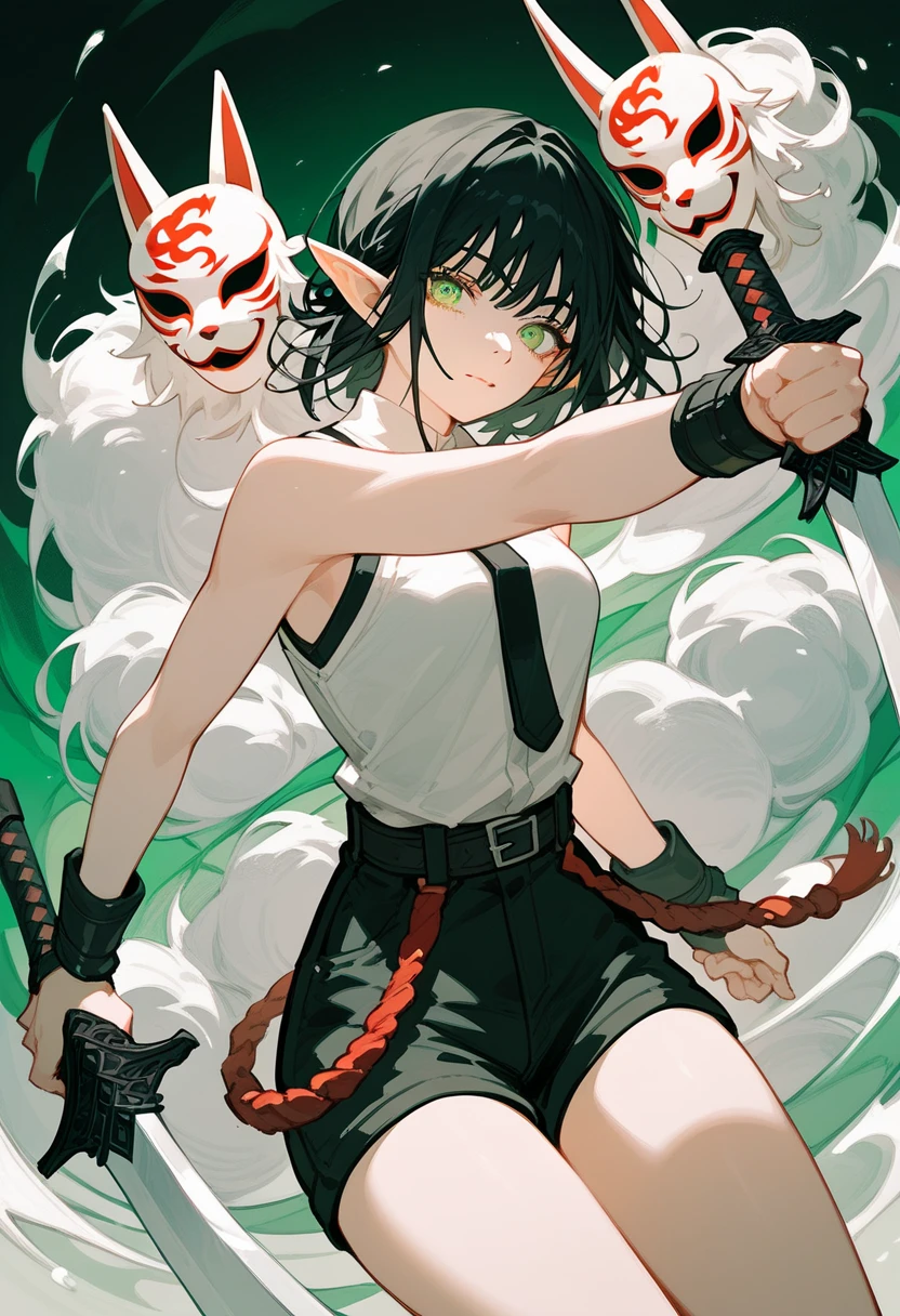 alone,Elf Girl,Wearing a fox mask,Black hair,Pointed ears, chainsaw art, White Sleeveless Top, Shorts,Multiple Belts ,Short hair, in green eyes ,Double Sword