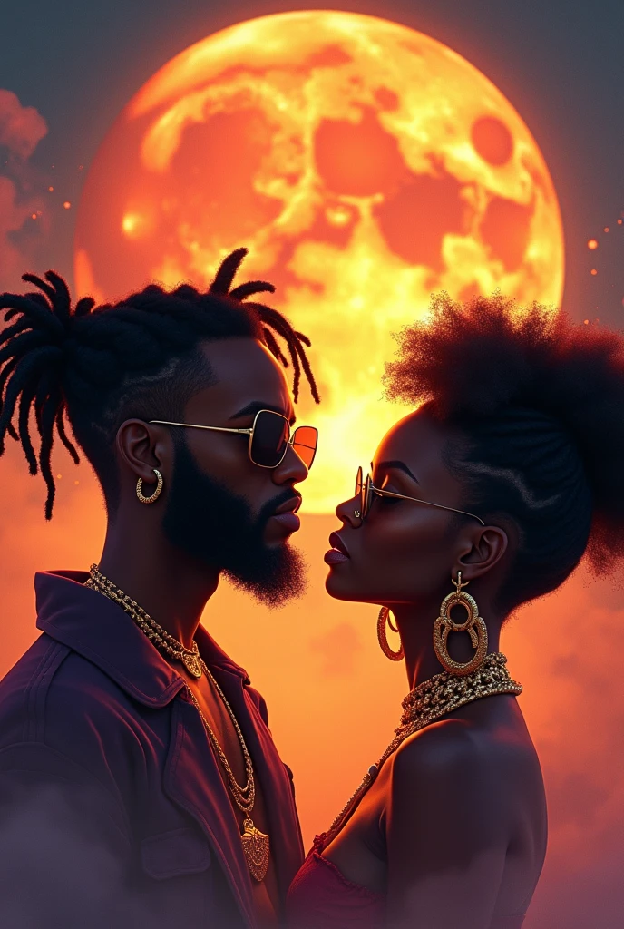 photorealistic, African American couple, kissing, beautiful, dark skin, sexy, (Best quality, 8k, 32k, Masterpiece, UHD), no shirt, 32K wallpaper, romantic forest background, big ass, voluptuous, thick body figure, big lips, glowing skin, nighttime, neon fireflies, passion, affectionate, neon butterflies, night time