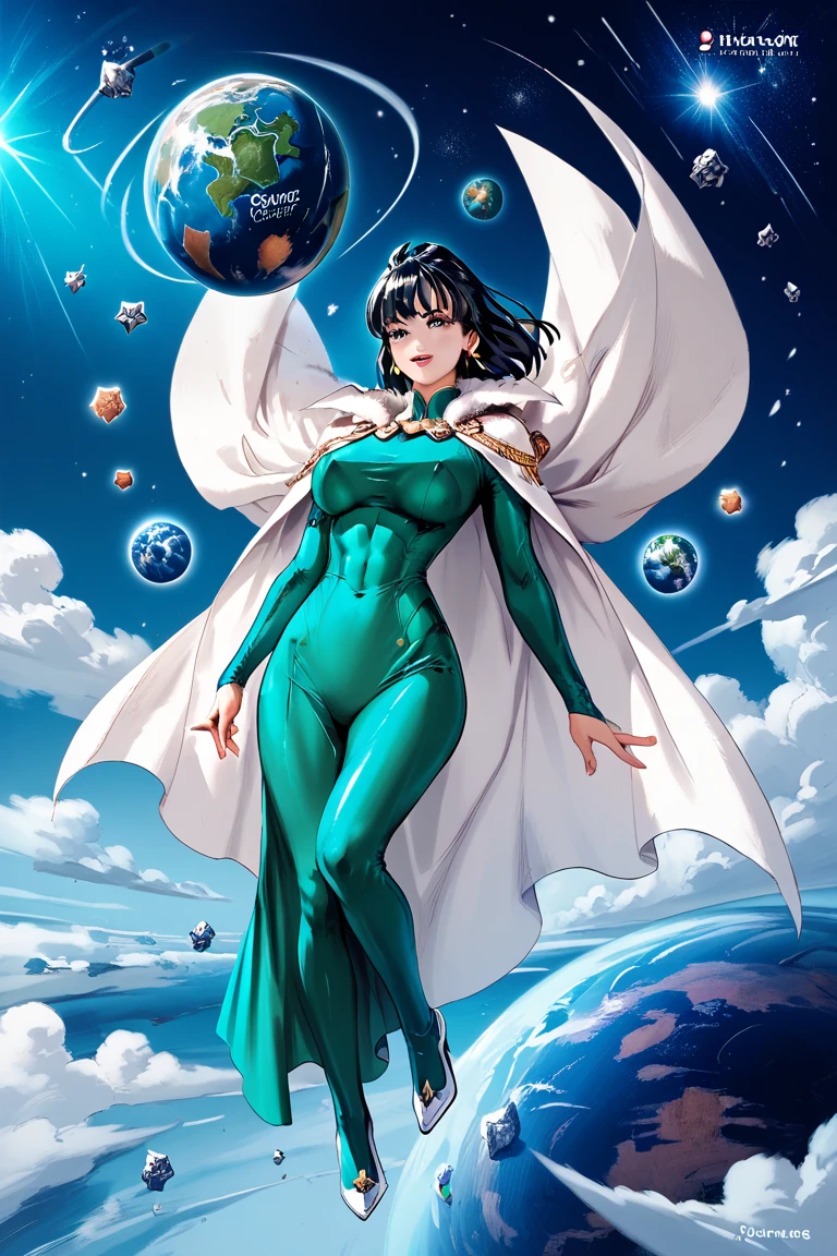 Fubuki flying is space,tight green dresses,sexy,huge tits,detailled abs,white cape,full body shot,planet background 