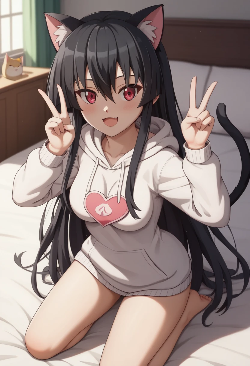 master piece ,best quality,kneeling on the bed, ((wearing white hoodie)), ((cat ears)), ((heart sign)), ((ultra-definition, high resolution)), anime girl, ((ultra-detailed illust:1.2)),1girl, solo,akame, long hair, black hair, red eyes, hair between eyes, Medium breasts, thighs, Big smile, opened mouth, in the bedroom