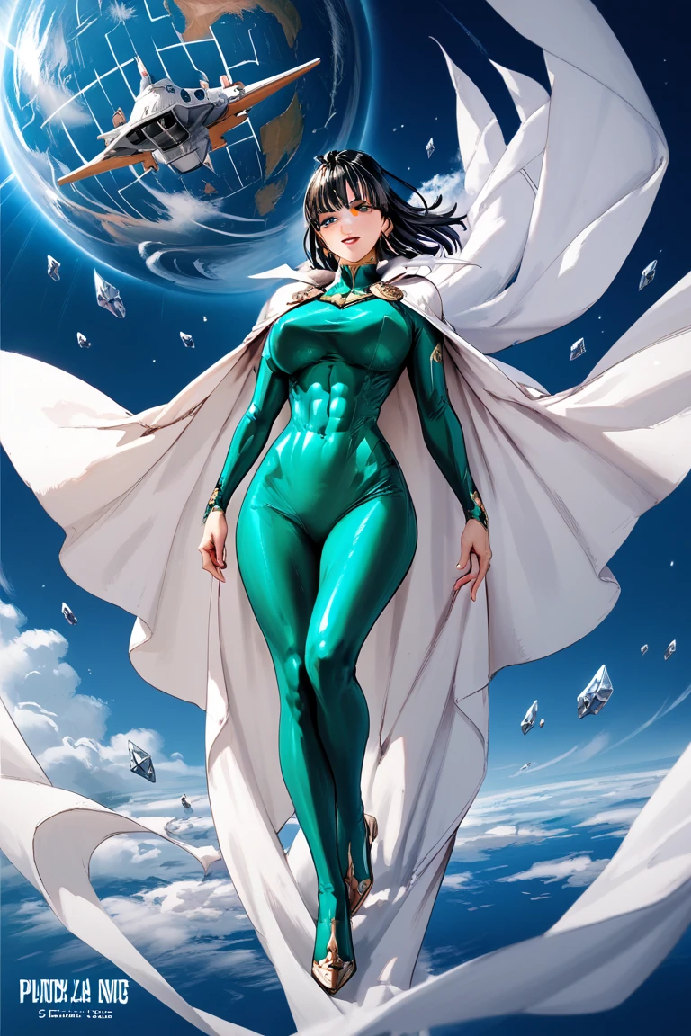 Fubuki flying is space,tight green dresses,sexy,huge tits,detailled abs,white cape,full body shot,