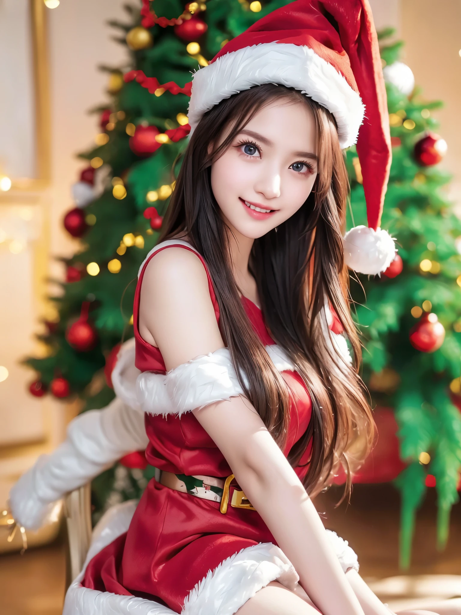  top quality、 super high resolution 、(Photographically: 1.4)、 beautiful eyes、 very beautiful in a chair 、 shiny hair 、Thin hair、 Merry Christmas 、 Christmas tree、smile、(( red Santa Claus costume 、Santa hat、Forehead))