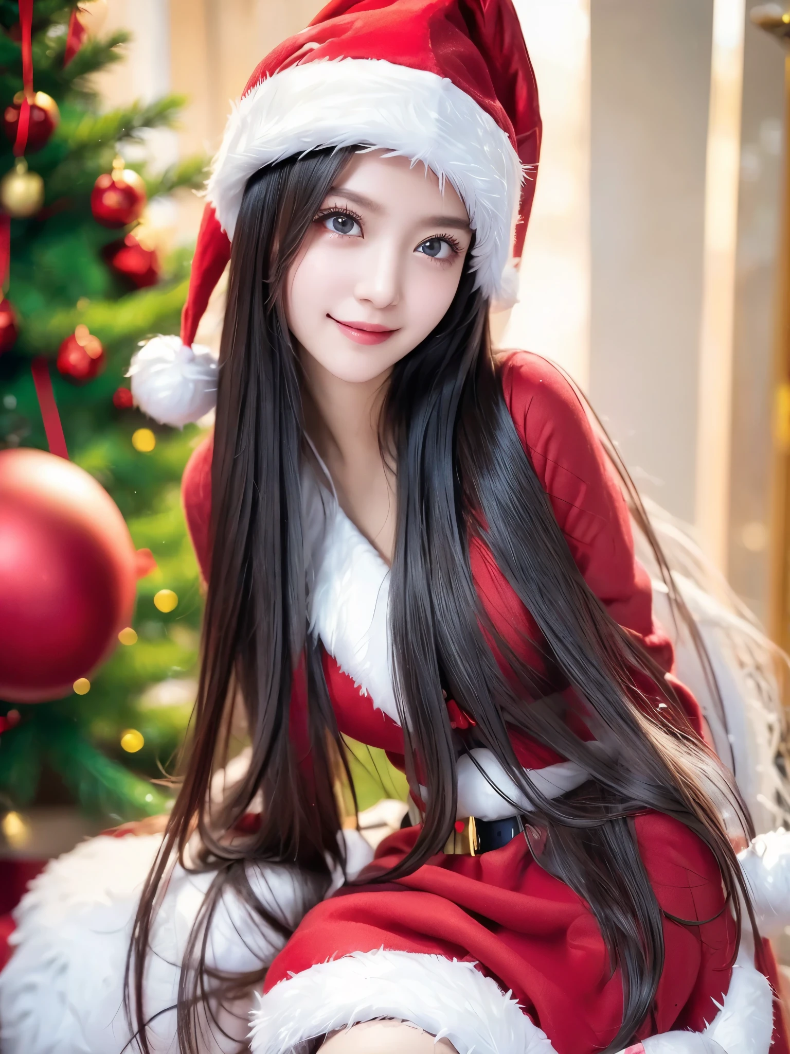  top quality、 super high resolution 、(Photographically: 1.4)、 beautiful eyes、 very beautiful in a chair 、 shiny hair 、Thin hair、 Merry Christmas 、 Christmas tree、smile、(( red Santa Claus costume 、Santa hat、Forehead))