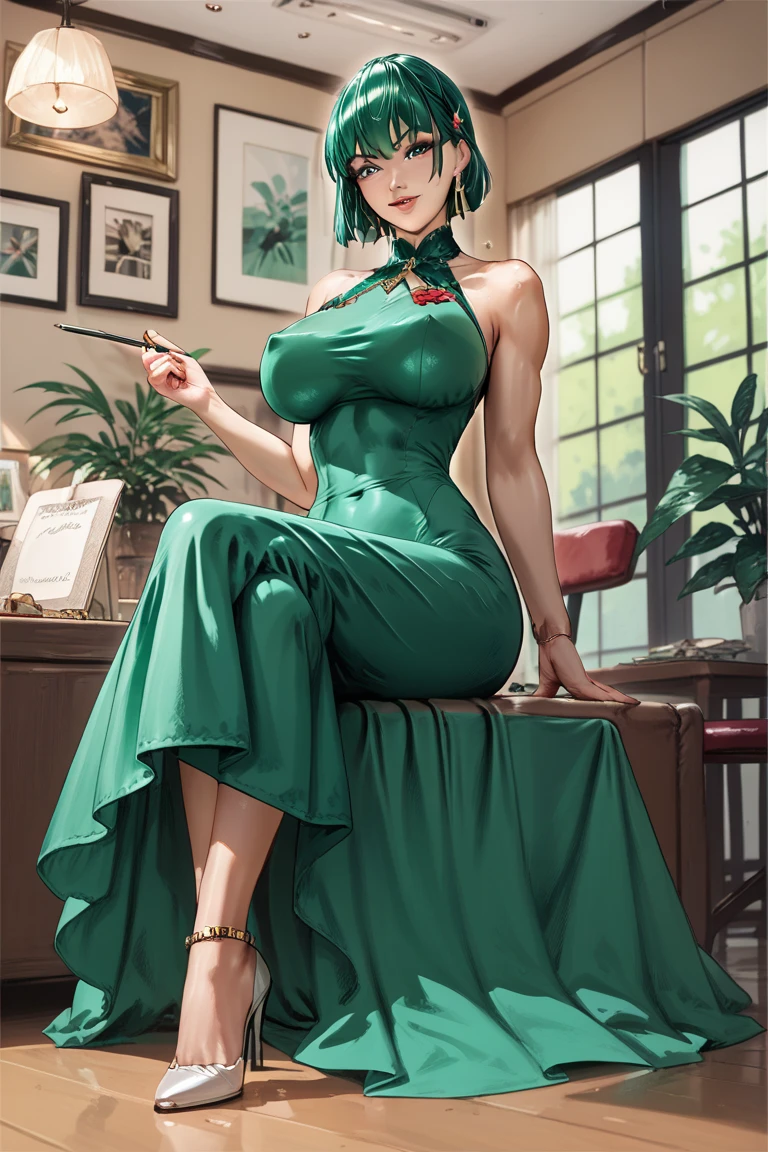 Fubuki sitting in a room,tight green dresses,sexy,huge tits,detailled abs,full body shot,