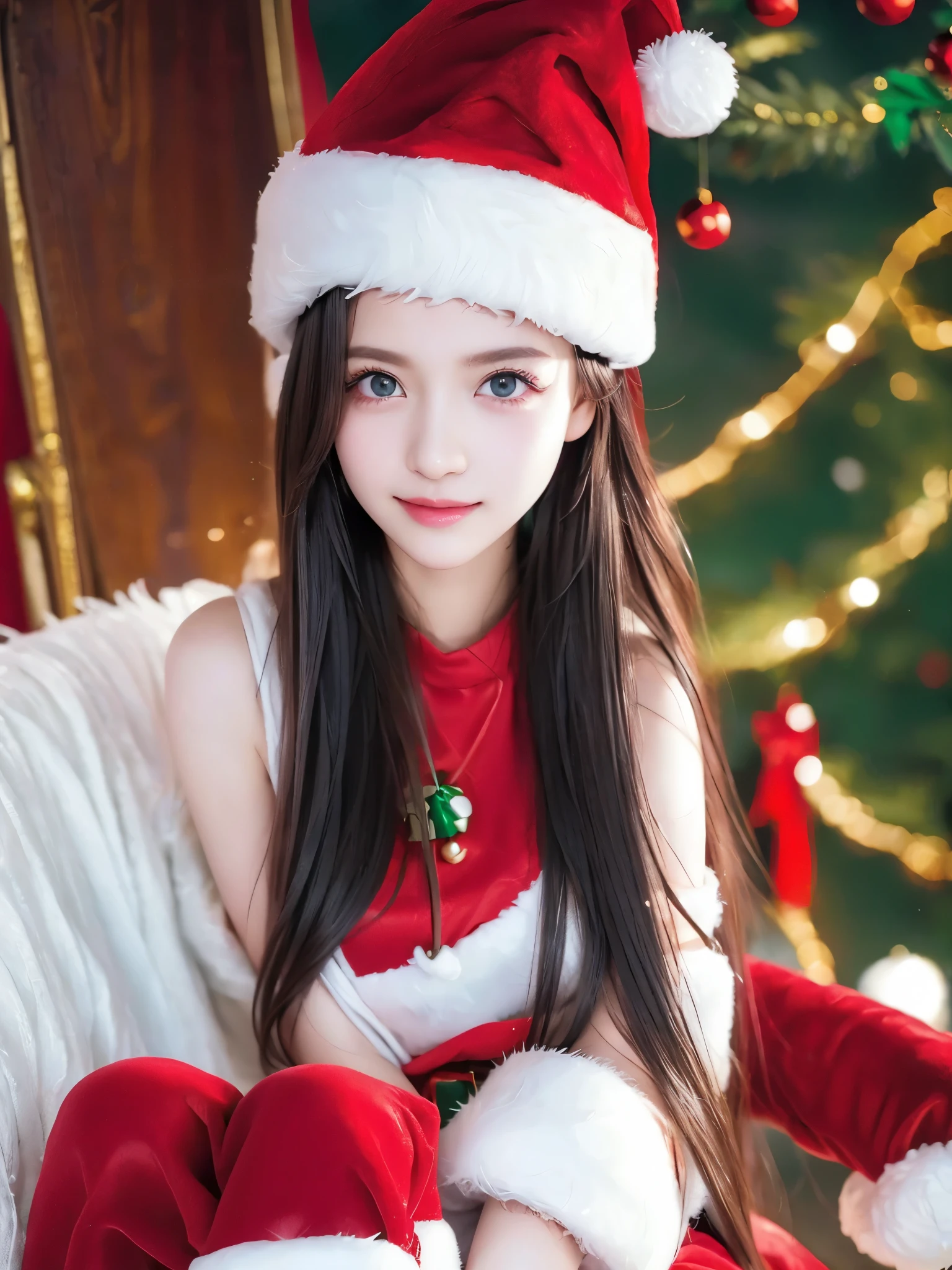  top quality、 super high resolution 、(Photographically: 1.4)、 beautiful eyes、 very beautiful in a chair 、 shiny hair 、Thin hair、 Merry Christmas 、 Christmas tree、smile、(( red Santa Claus costume 、Santa hat、Forehead))