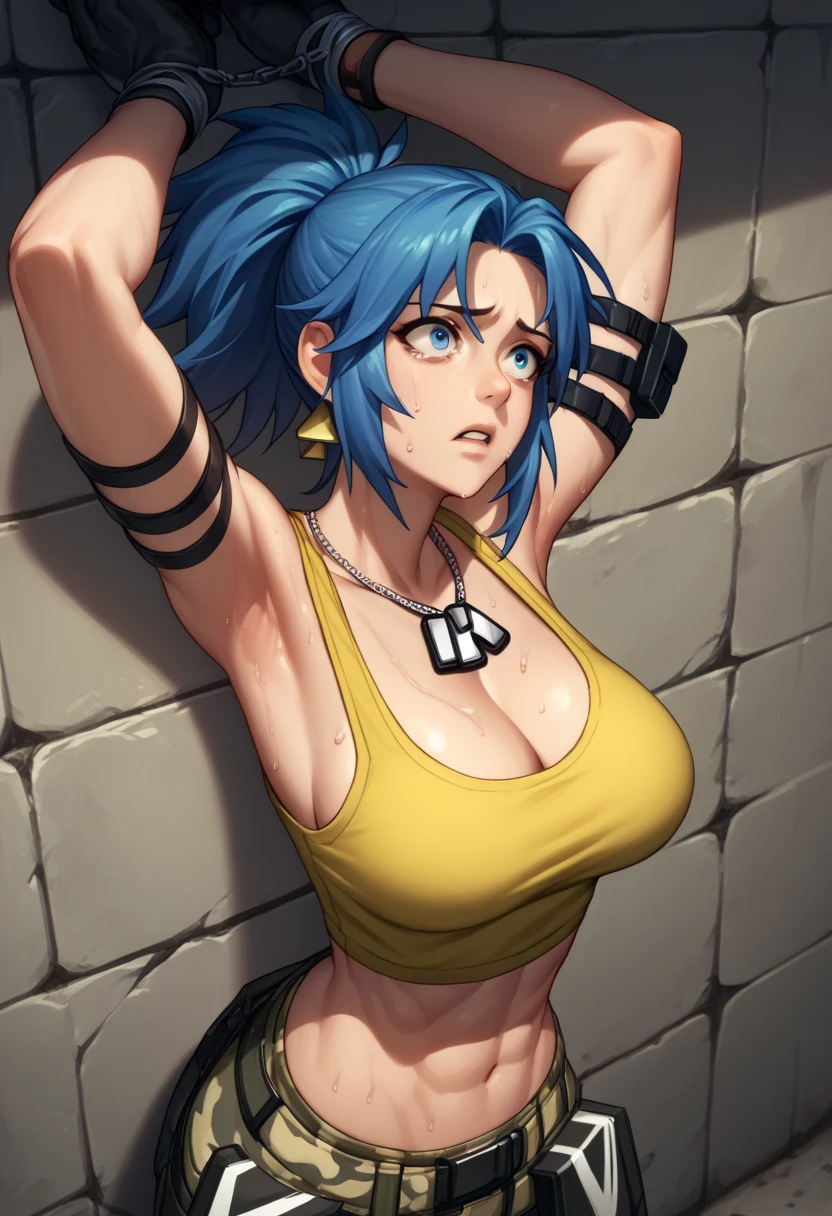 PonyLeona, dark yellow tank top, midriff, cleavage, camouflage pants, triangle earrings, black gloves, looking at armpit, parted lips, blue hair, blue eyes, ponytail, dog tags, military background, armpit open up, hands tied, muscular, sweaty, shoulder bracelet, tied to the wall, stick on the wall, looking at side, scared facial expression, strangled 