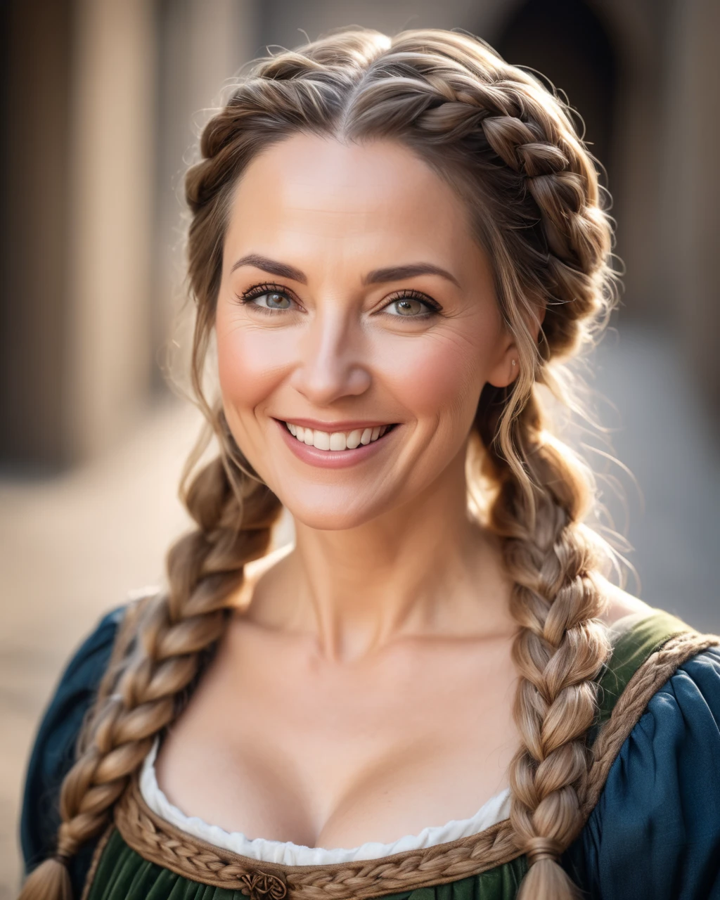 a portrait photograph of a pretty mid-age female, beautiful realistic photo, Look at 4K highly detailed art,  smiles,  blush,  Big Breasts , look up, Medieval European Commoner Woman Single Braid, 