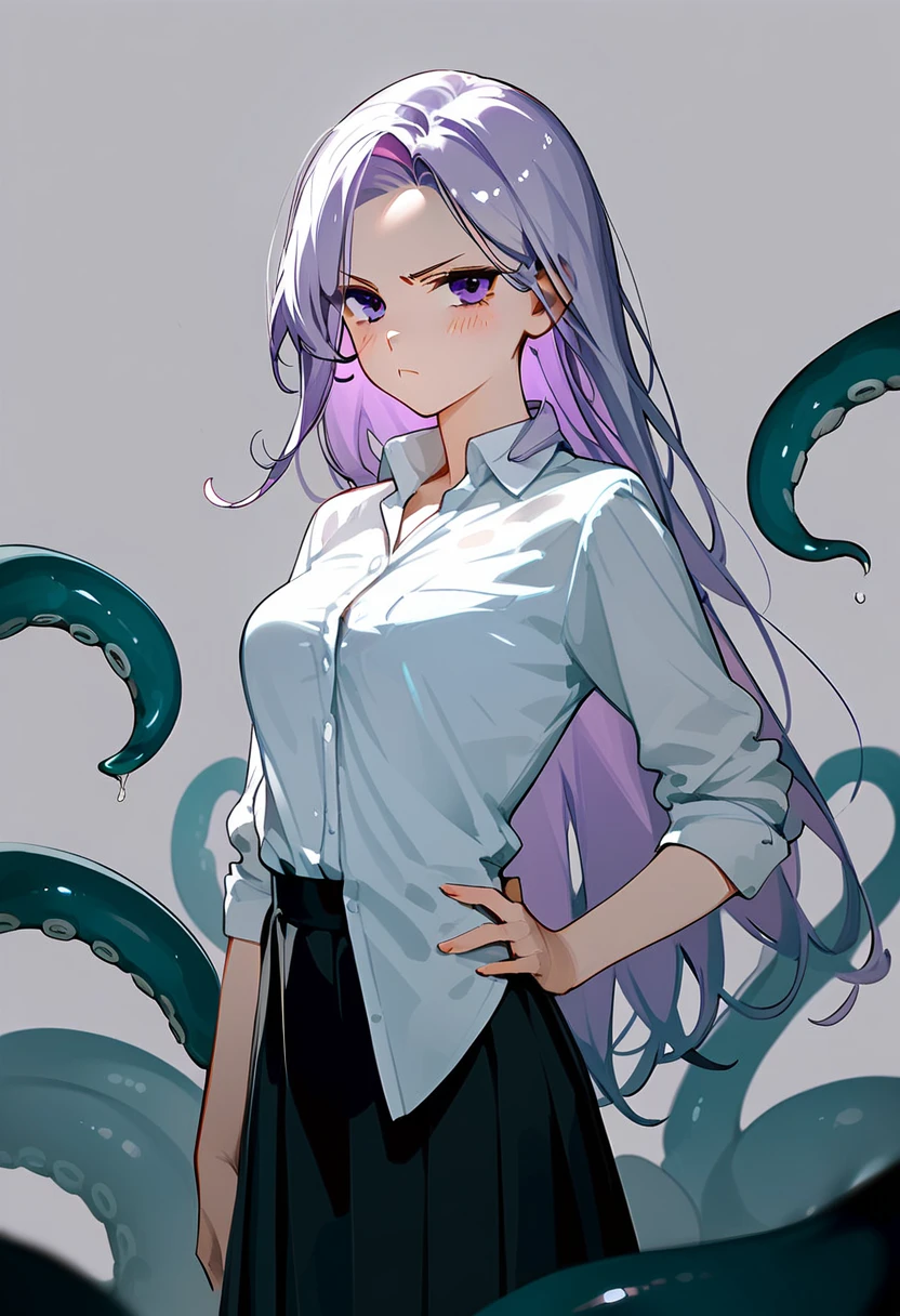 Masterpiece, best quality, zoom out, score_9, score_8_up, score_7_up, 1girl, solo, white hair, long hair, sidelocks, parted bangs, pale purple hair, wearing a shirt, collared shirt, Scylla, white tentacles, squid lower body, medium breasts, serious, blush, narrowed eyes, hand on own hip, cowboy shot, gray background, simple background, at full height