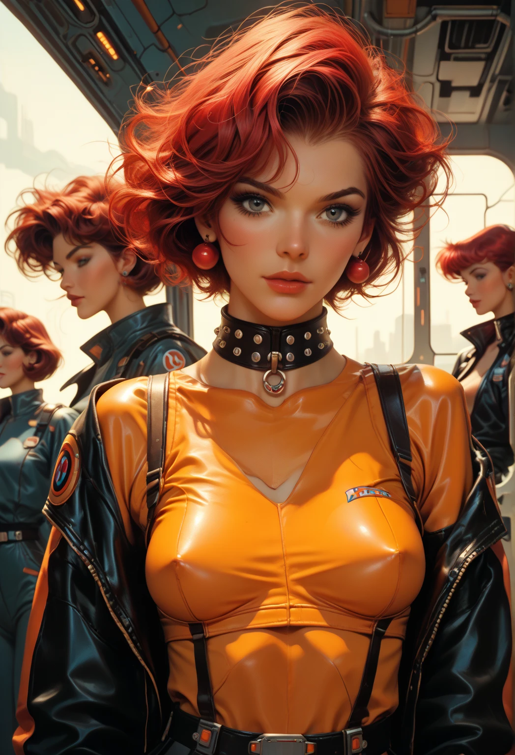 Retro futuristic, ((retro futurism)), 3 girls, crimson hair, leather collars, ((Science fiction)), 1950s, (((1960s))), very low cut sci fi uniform, exposing their breasts, explicit pornographic pose, wearing a shinestrap bra