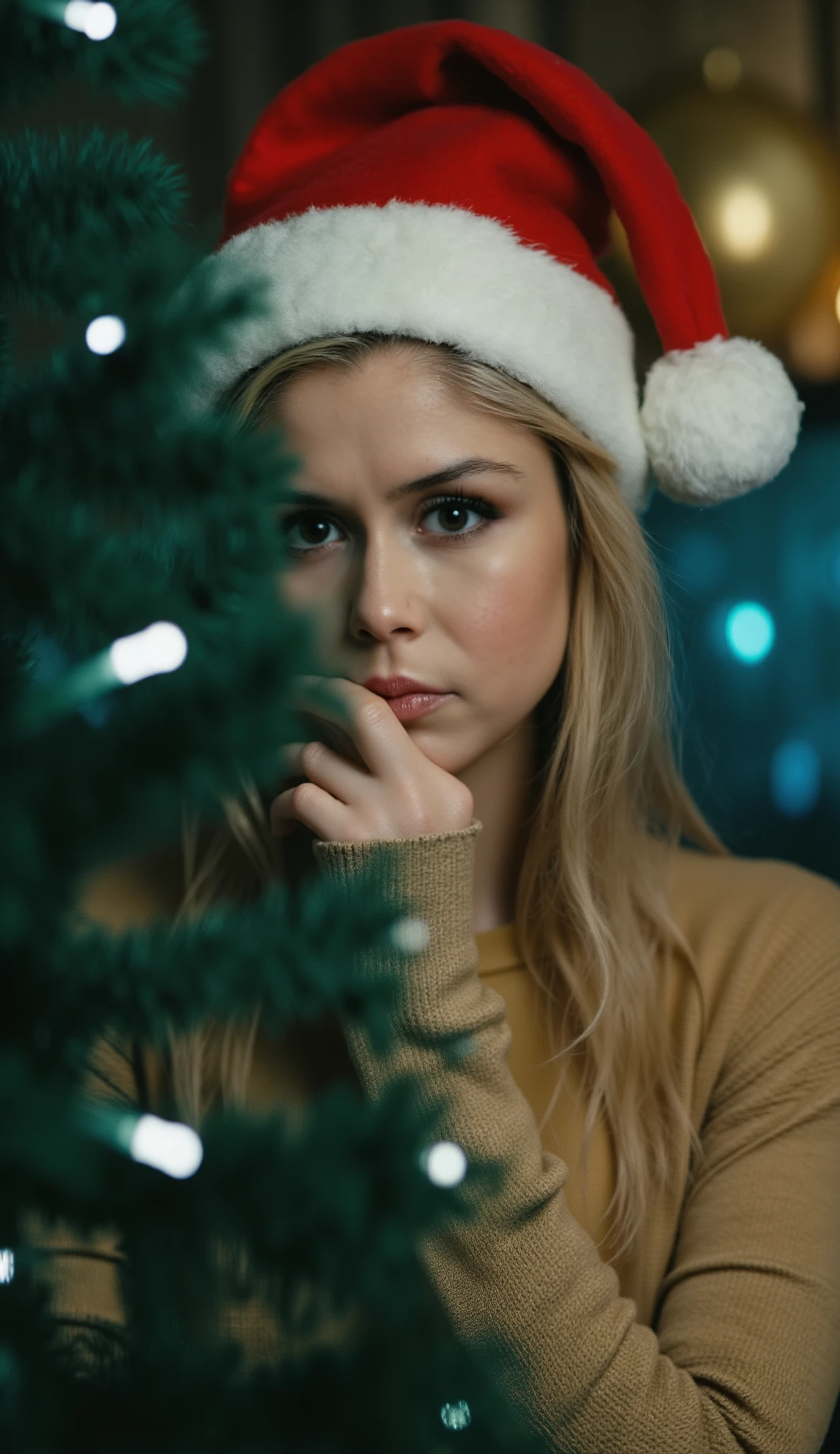 A young woman in her 30s in a festive Christmas atmosphere. She is wearing a red and white Santa hat. The girl is standing behind a Christmas tree covered with twinkling lights that create a warm and soft atmosphere.The woman's face is well lit. 
Her gaze is focused directly on the camera, her eyes are emphasised with expressive make-up, which adds depth and mystery to the image. She holds one hand near her face, covering part of her mouth with her long sleeve beige or brown coarse-knit jumper. This adds cosiness and mystery to the image. 
In the background are blurred glowing lights of different colours - blue, gold and white, creating a bokeh effect that adds a festive and fairy-tale feel to the shot. The Christmas tree in the foreground is also decorated with small LED lights, adding to the warm and magical mood.
The colour palette of the image includes cool and warm tones: the dark green of the Christmas tree contrasts with the bright lights and the girl's red hat. The lighting in the image is soft, with an emphasis on the girl's face, making her the centre point of the composition. 
Overall, the image conveys a wintry, festive and slightly mysterious mood, perfect for the Christmas season.