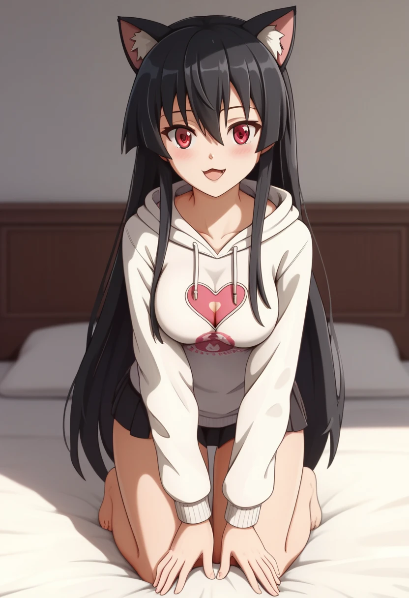 master piece ,best quality,kneeling on the bed,hands on knees,((wearing white hoodie)), ((cat ears)), ((heart sign)), ((ultra-definition, high resolution)), anime girl, ((ultra-detailed illust:1.2)),1girl, solo,akame, long hair, black hair, red eyes, hair between eyes, Medium breasts, thighs,Naughty smile, opened mouth, in the bedroom