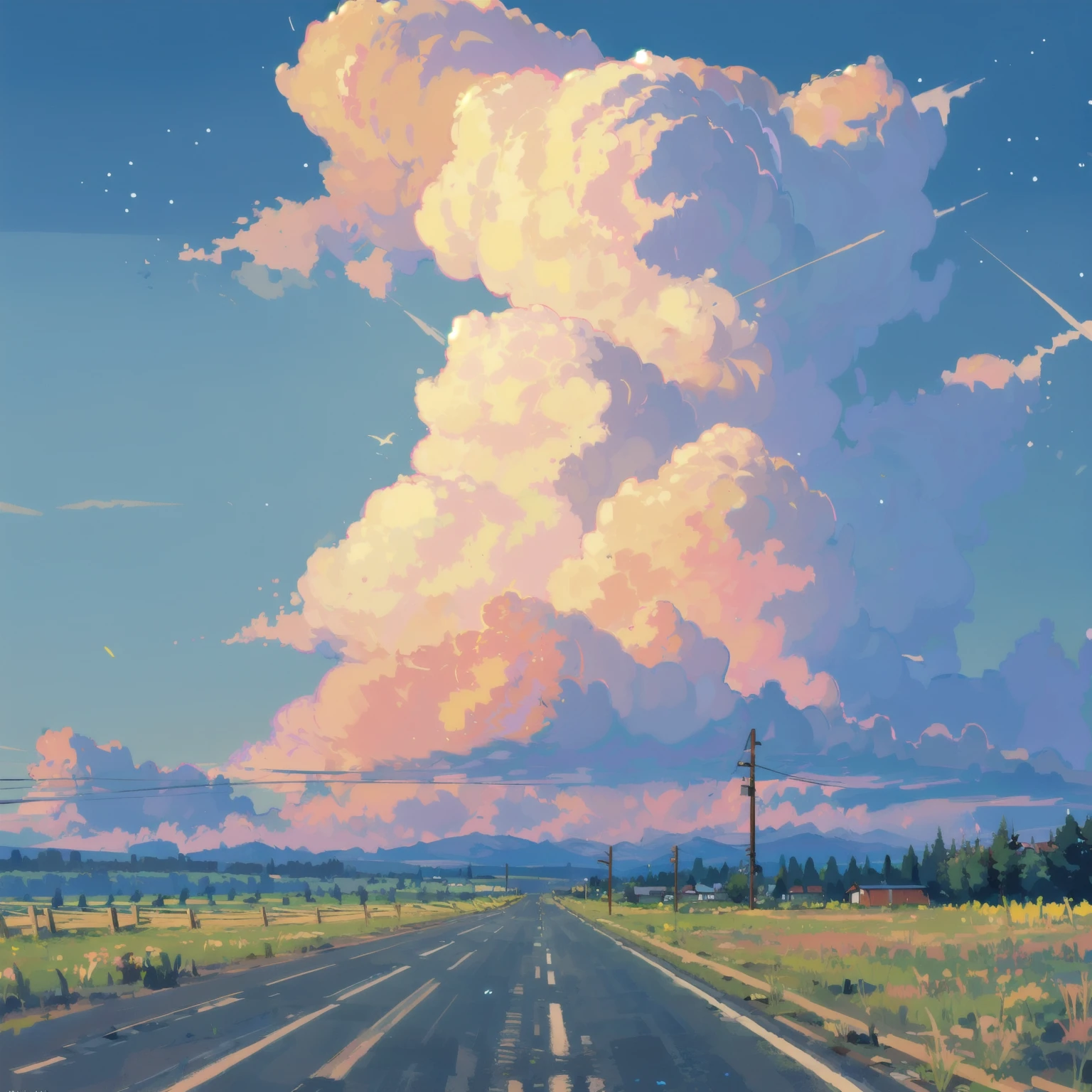 outdoors, no humans, scenery, cloud, sky, day, grass, blue sky, road, power lines, mountain, fence, utility pole, cloudy sky, hill, traditional media, field (illustration:780x1280), masterpiece, best quality, colorful 