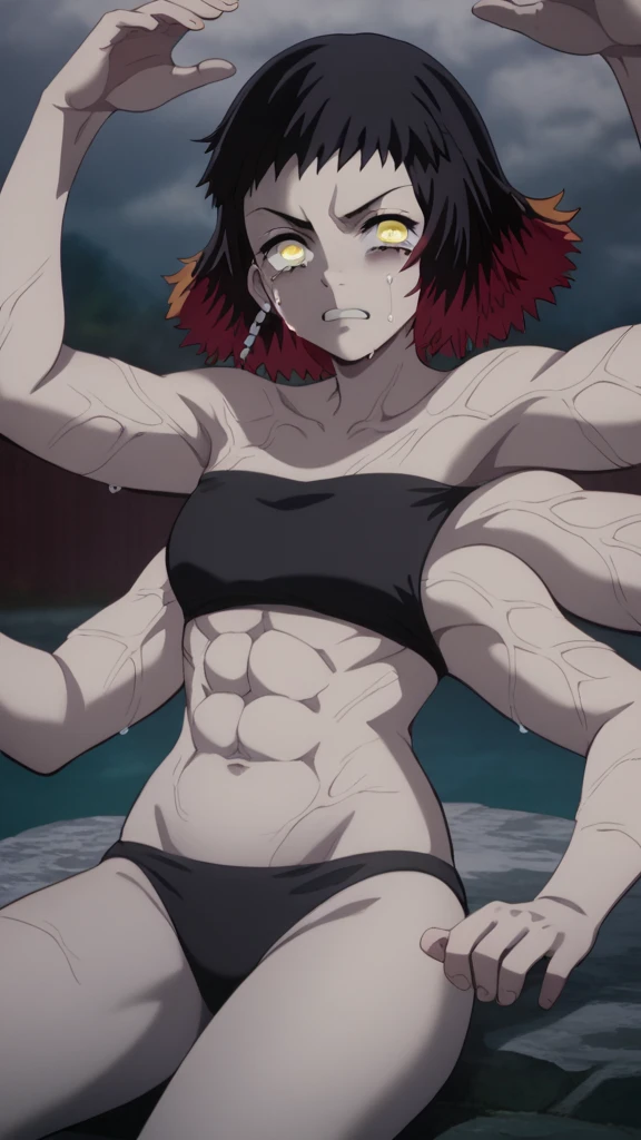 アニメ cel-shading Akame, red eyes, bikini, on the beach in ((anime + manga + comics + cartoon) style)