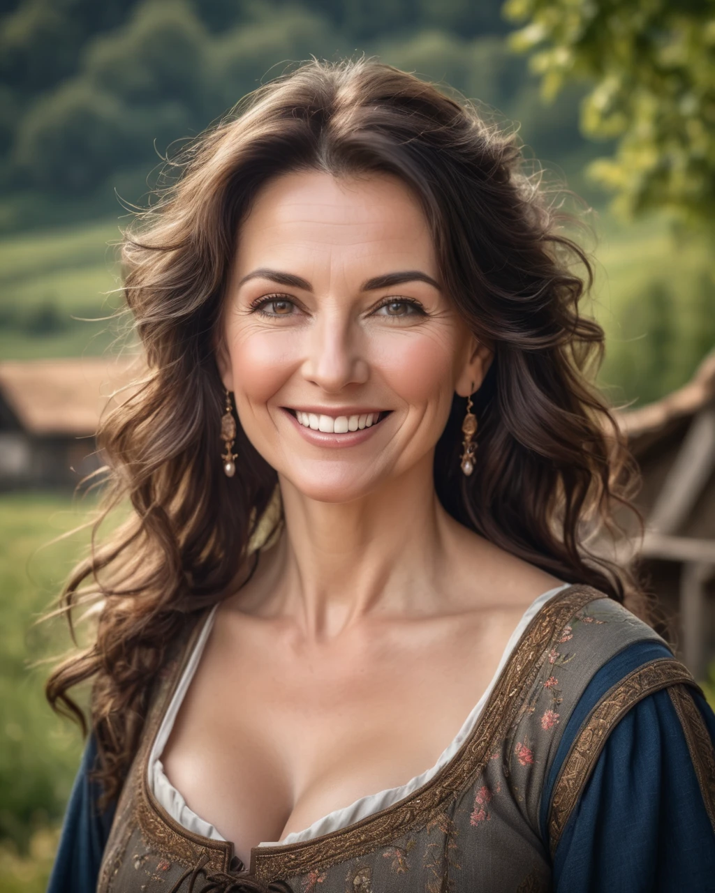 a portrait photograph of a pretty mid-age female, beautiful realistic photo, Look at 4K highly detailed art,  smiles,  blush,  Big Breasts , look up, medieval European rural woman with dark hair,  medium hair, 