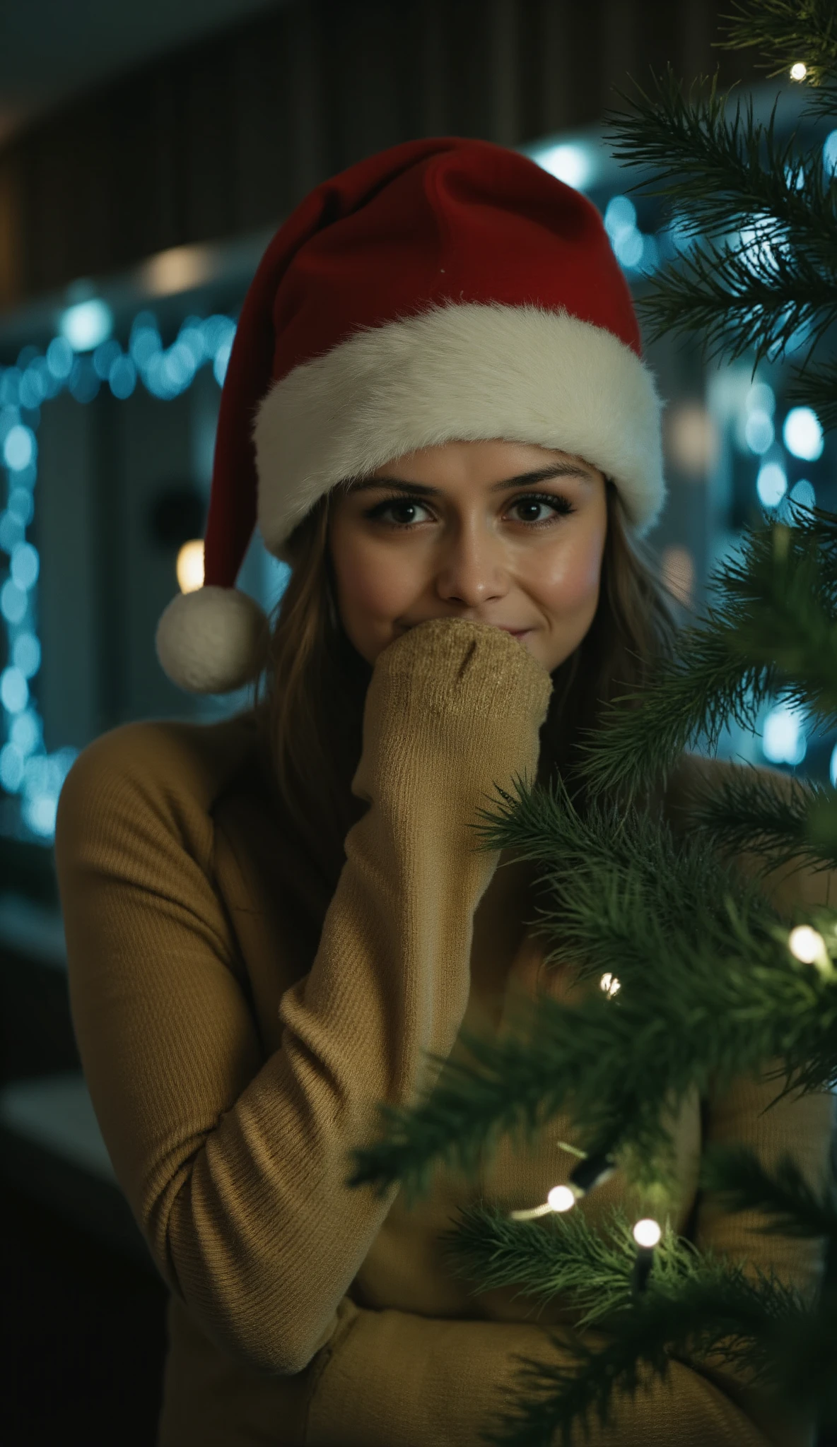 A young woman in her 30s in a festive Christmas atmosphere. She is wearing a red and white Santa hat. The girl is standing behind a Christmas tree covered with twinkling lights that create a warm and soft atmosphere.The woman's face is well lit. 
Her gaze is focused directly on the camera, her eyes are emphasised with expressive make-up, which adds depth and mystery to the image. She holds one hand near her face, covering part of her mouth with her long sleeve beige or brown coarse-knit jumper. This adds cosiness and mystery to the image. 
In the background are blurred glowing lights of different colours - blue, gold and white, creating a bokeh effect that adds a festive and fairy-tale feel to the shot. The Christmas tree in the foreground is also decorated with small LED lights, adding to the warm and magical mood.
The colour palette of the image includes cool and warm tones: the dark green of the Christmas tree contrasts with the bright lights and the girl's red hat. The lighting in the image is soft, with an emphasis on the girl's face, making her the centre point of the composition. 
Overall, the image conveys a wintry, festive and slightly mysterious mood, perfect for the Christmas season.