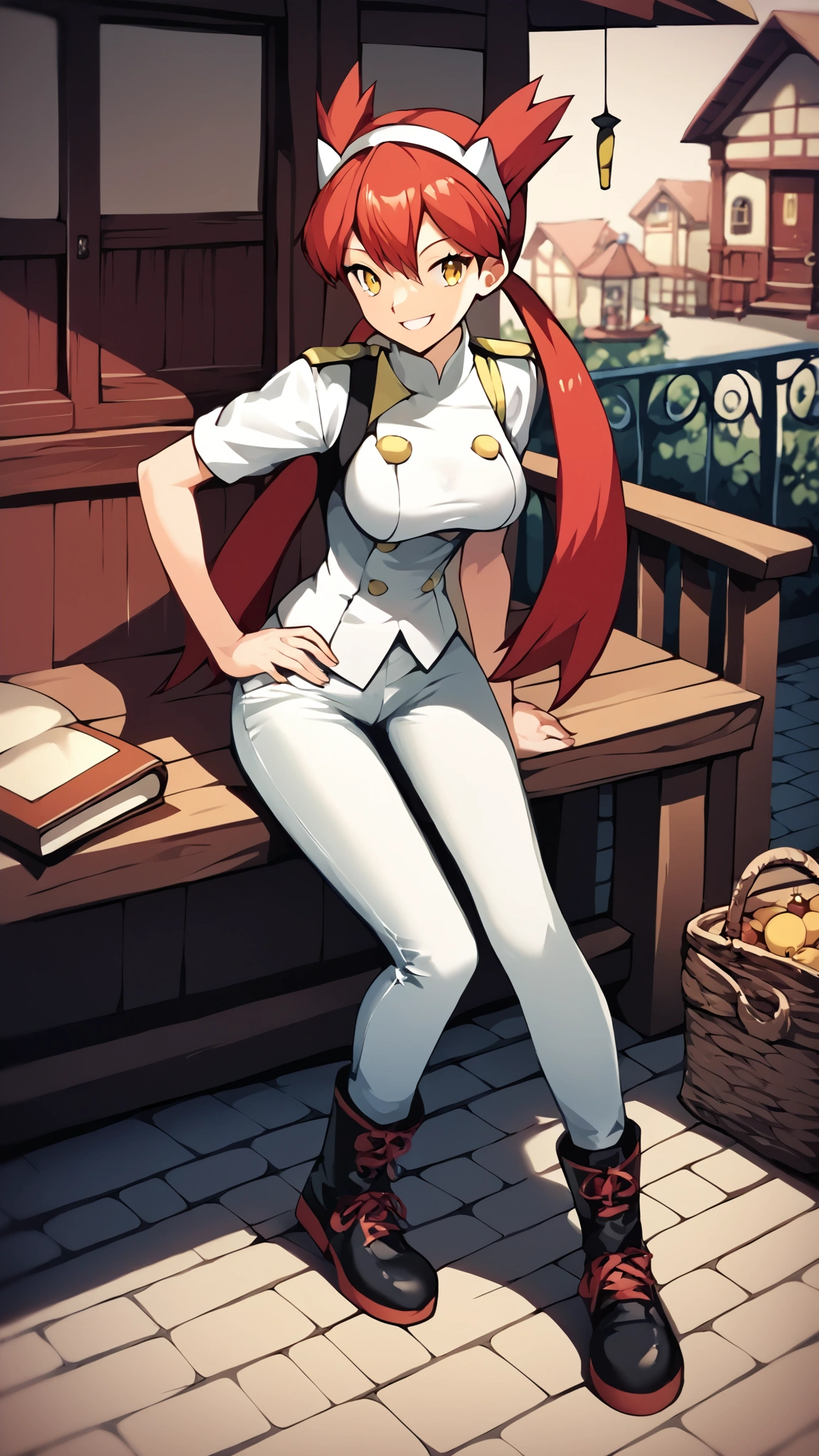  red hair,  Twin Tails ,  long hair, Yellow Eyes, White military uniform, White jeans,  black long boots , Ample breasts,  Tall,  viewers of the pin, 1 Female, Age 18,  standing with different breasts , whole body, Place one hand on hip, Pistol, teeth,  ANIME COLORING BOOK,  slim figure,  sexy smile,  Seductive Smile,  score_9,  score_8_Excellent,  score_7_Excellent,  score_6_Excellent,  top quality,  source_Anime,  cell shading ,  Flat Color , vector,  detailed background, town,  break 1 girl sitting, (\ Pokémon\), Outdoor, Two legs,