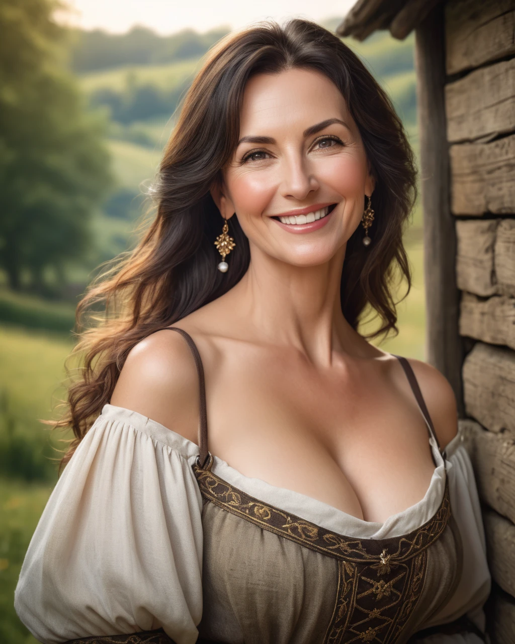 a portrait photograph of a pretty mid-age female, beautiful realistic photo, Look at 4K highly detailed art,  smiles,  blush,  Big Breasts , look up, medieval European rural woman with dark hair,  medium hair, フード, 