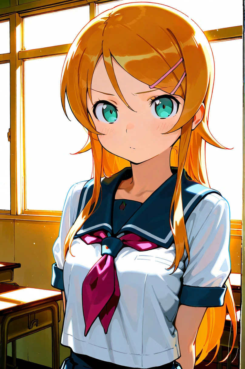  Masterpiece ,  top quality,  score_9,  score_8_up,  score_7_up, break ( 1 girl ,14yo, kousaka kirino, height 1.65meters , Slim 45kg, hair accessory with a star on the right eye, Alone,  long hair,upper body,MEDIUM BRAASTS :1.4,  hair clip , Orange Hair,School, sailor suit,Aqua Eyes,  blue eyes,break 視聴者を見ている、 zitoida