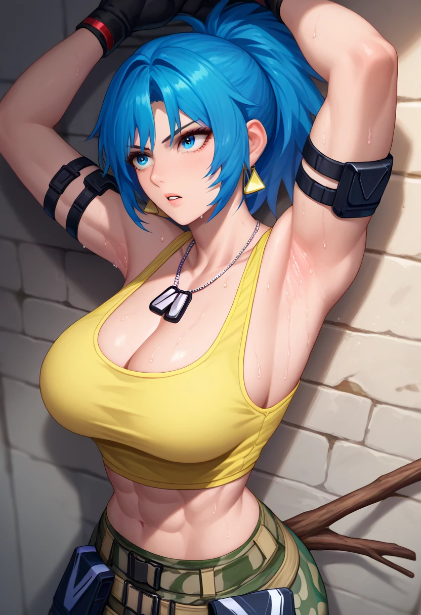 PonyLeona, dark yellow tank top, midriff, cleavage, camouflage pants, triangle earrings, black gloves, looking at armpit, parted lips, blue hair, blue eyes, ponytail, dog tags, military background, armpit open up, hands tied, muscular, sweaty, shoulder bracelet, tied to the wall, stick on the wall, looking at side, strangled 