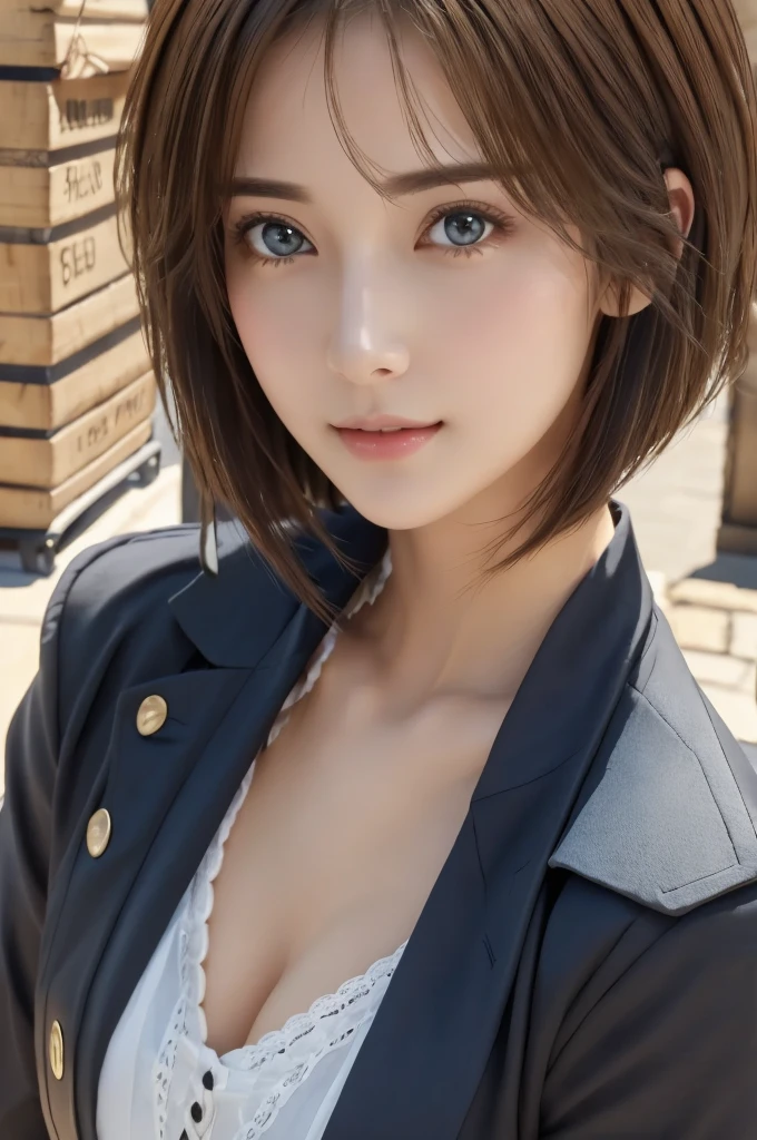 Realistic、Highest quality、Highest quality、masterpiece、Ultra-high resolution、RAW Photos、Realistic、Bright lighting、Face Light、Smooth Professional Lighting、Looking into the camera、alone、Adult female、Beautiful woman、Super Beauty、Realistic肌、Moisturized Skin、Realistic eyes and faces、Perfect model body shape、Beautiful Eyes、Big eyes、Inconspicuous tear bags、slim、big breasts of medium size、Beautiful fingers、Very short hair、Black Hair、black eye、Looks happy、Cowboy Shot、(Both ears are hidden by hair)、(((Witch Costume)))、Fantasy World、Medieval European streets