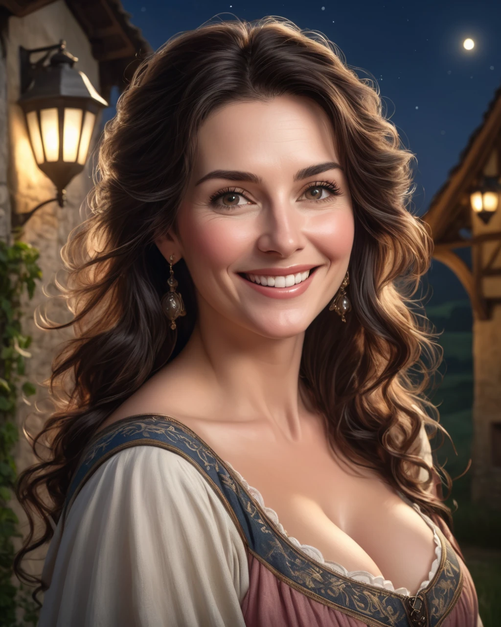 a portrait photograph of a pretty mid-age female, beautiful realistic photo, Look at 4K highly detailed art,  smiles,  blush,  Big Breasts , look up, medieval European rural woman with dark hair,  medium hair, フード, 夜