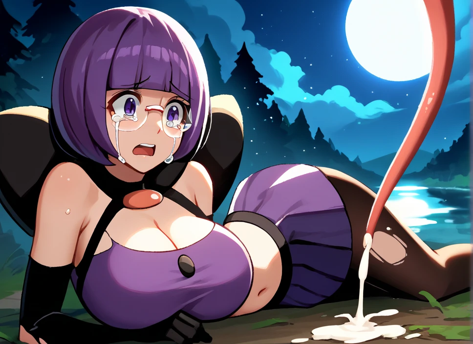 score_9, score_8_up, score_7_up, score_6_up, source_anime, 1girl, solo,  shauntal, purple hair, blunt bangs, bob cut, purple eyes, round glasses, black capelet, large bow, purple shirt, collarbone, cleavage, buttons, purple skirt, long sleeves, black gloves, elbow gloves, black pantyhose, huge breasts, night sky, night, forest, eyelashes, bare shoulders, sleeveless, elbow gloves, dress, striped dress, halterneck, choker, hair ornament,

  perfect lighting, best quality, masterpiece, light rays, professional photograph, perfect quality, gorgeous lighting,  masterpiece, concerned, tears, thicc, open mouth, bare shoulders, perky breasts, skin, high quality, Thicc, outside, raining, cleavage, looking at viewer, forest, night, crying, tentacles, defeated, crying, tears, torn clothes, ripped clothing, no strap, belly button, puddle, tentacle grap writs, slimy, wet clothes, full moon, held down, penetration, forced, penetrate, white water, broken breastplate, laying down, back on ground, on back, clouds, strapless dress, cum, white puddle, white water, 